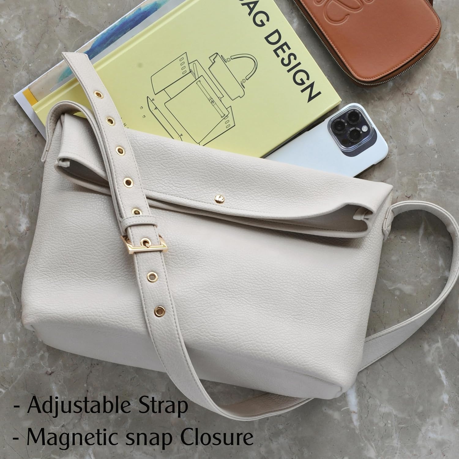 image:imageHOXIS Messenger Bag for Women Crossbody Purse Vegan Leather Foldover Shoulder HandbagIvory
