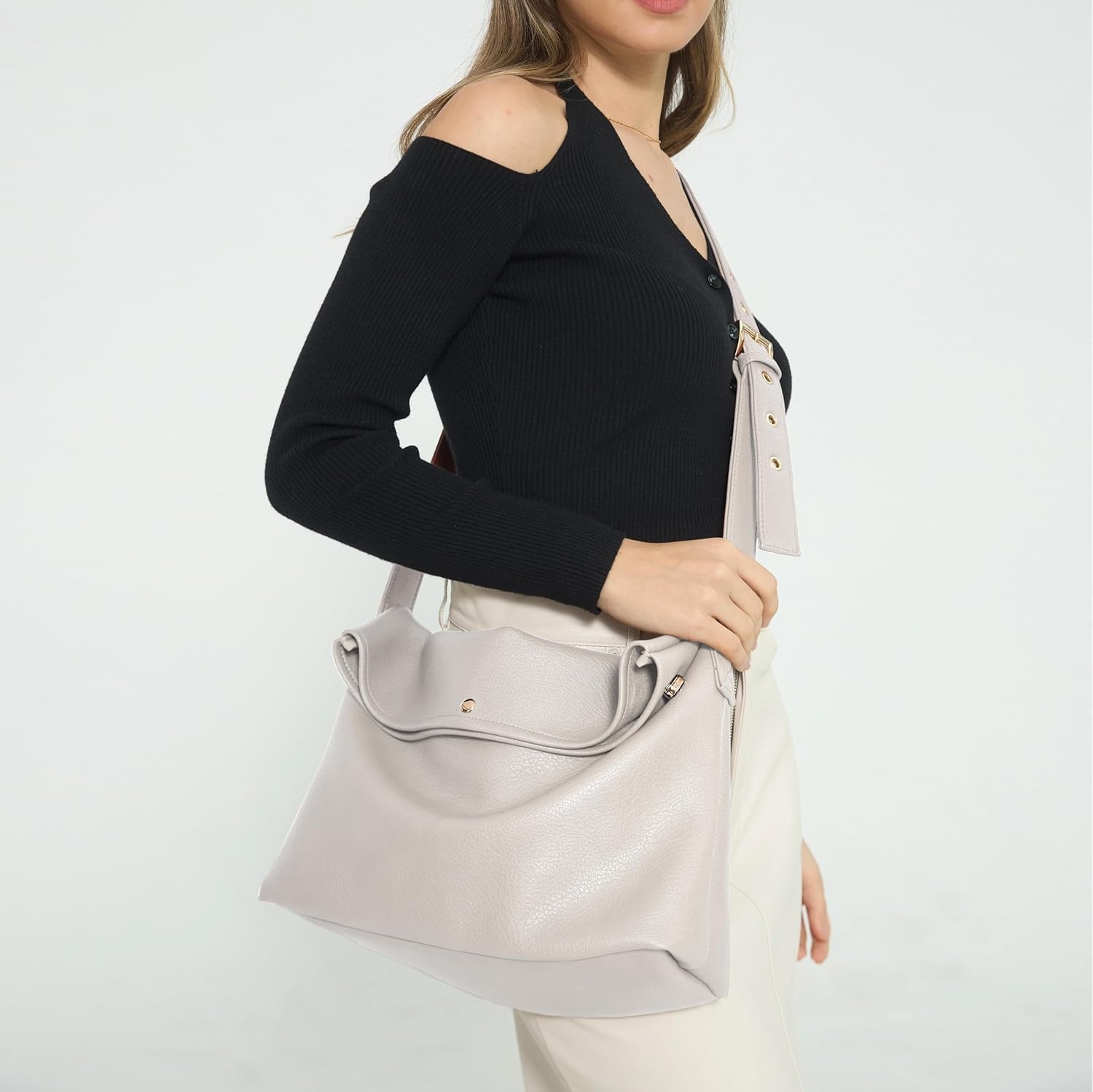 image:imageHOXIS Messenger Bag for Women Crossbody Purse Vegan Leather Foldover Shoulder HandbagIvory