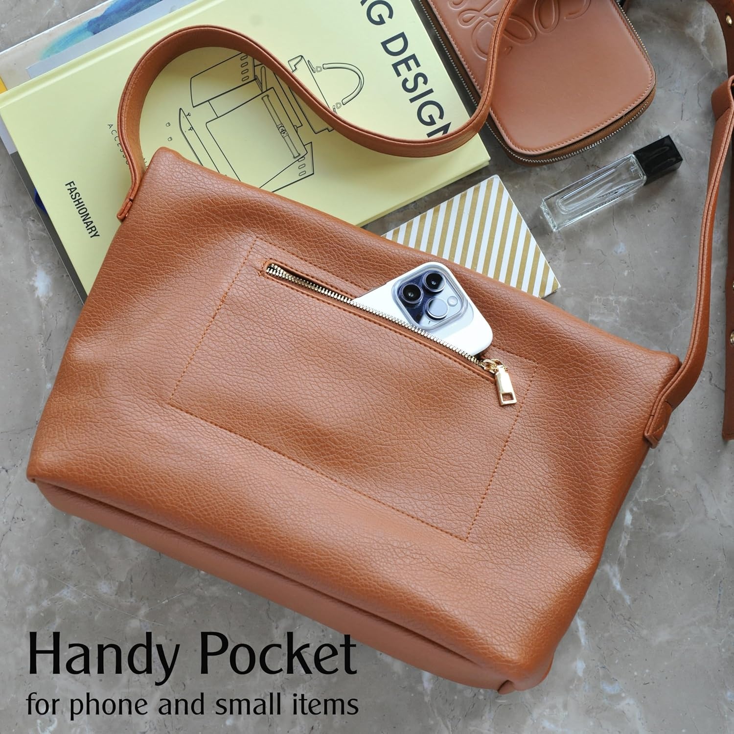 image:imageHOXIS Messenger Bag for Women Crossbody Purse Vegan Leather Foldover Shoulder HandbagOrangebrown