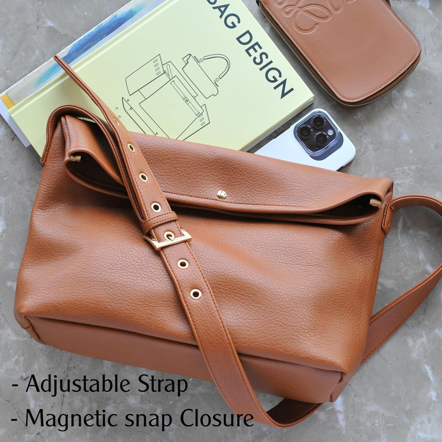 image:imageHOXIS Messenger Bag for Women Crossbody Purse Vegan Leather Foldover Shoulder HandbagOrangebrown