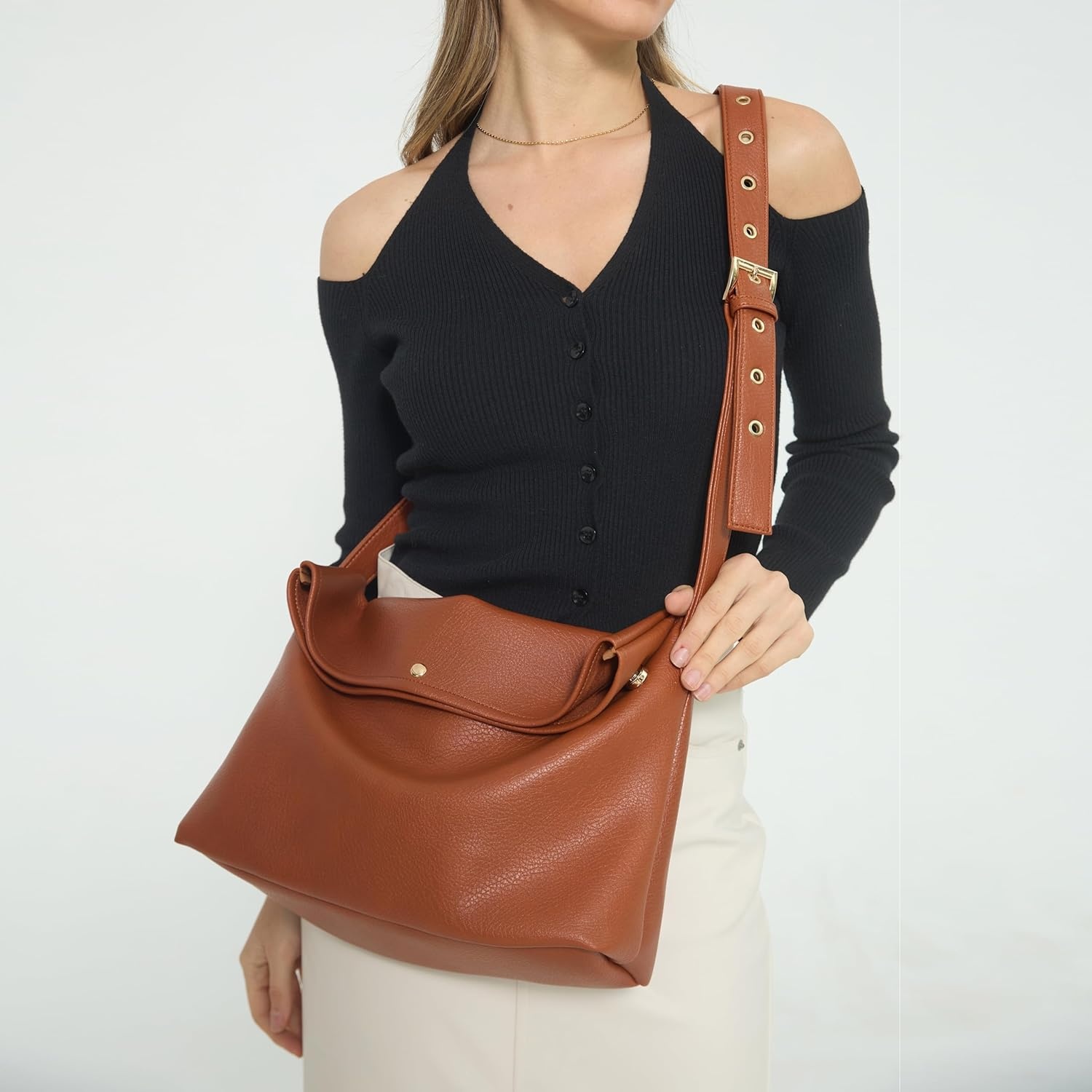 image:imageHOXIS Messenger Bag for Women Crossbody Purse Vegan Leather Foldover Shoulder HandbagOrangebrown