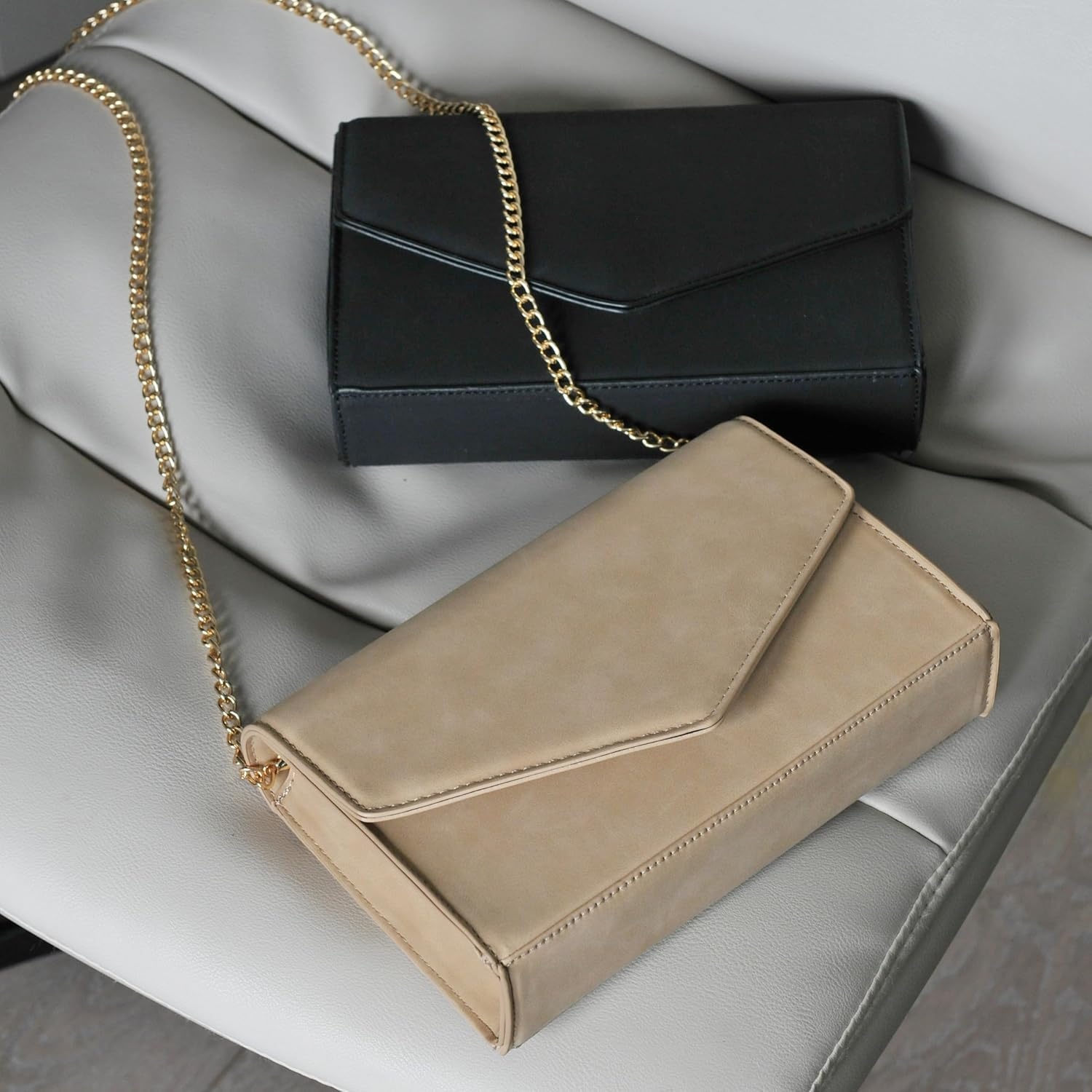 image:imageHOXIS Minimalist Evening Envelope Clutch Chain Shoulder Bag Women Faux Leather Suede PurseNude