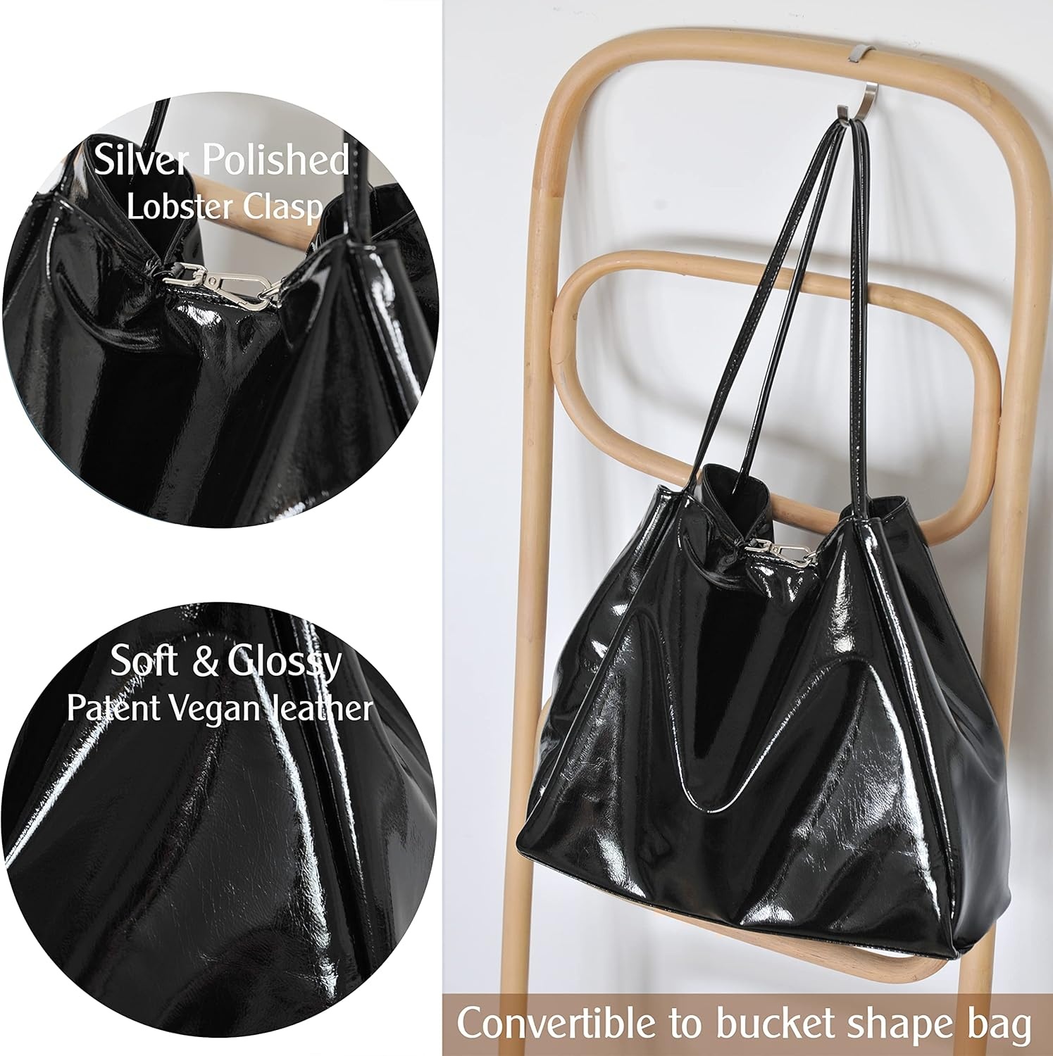 image:imageHOXIS Shiny Patent Faux Leather Tote Glossy Shoulder Handbag for Women Convertible Purse Shiny Patent Glossy Shoulder ConvertibleBlack