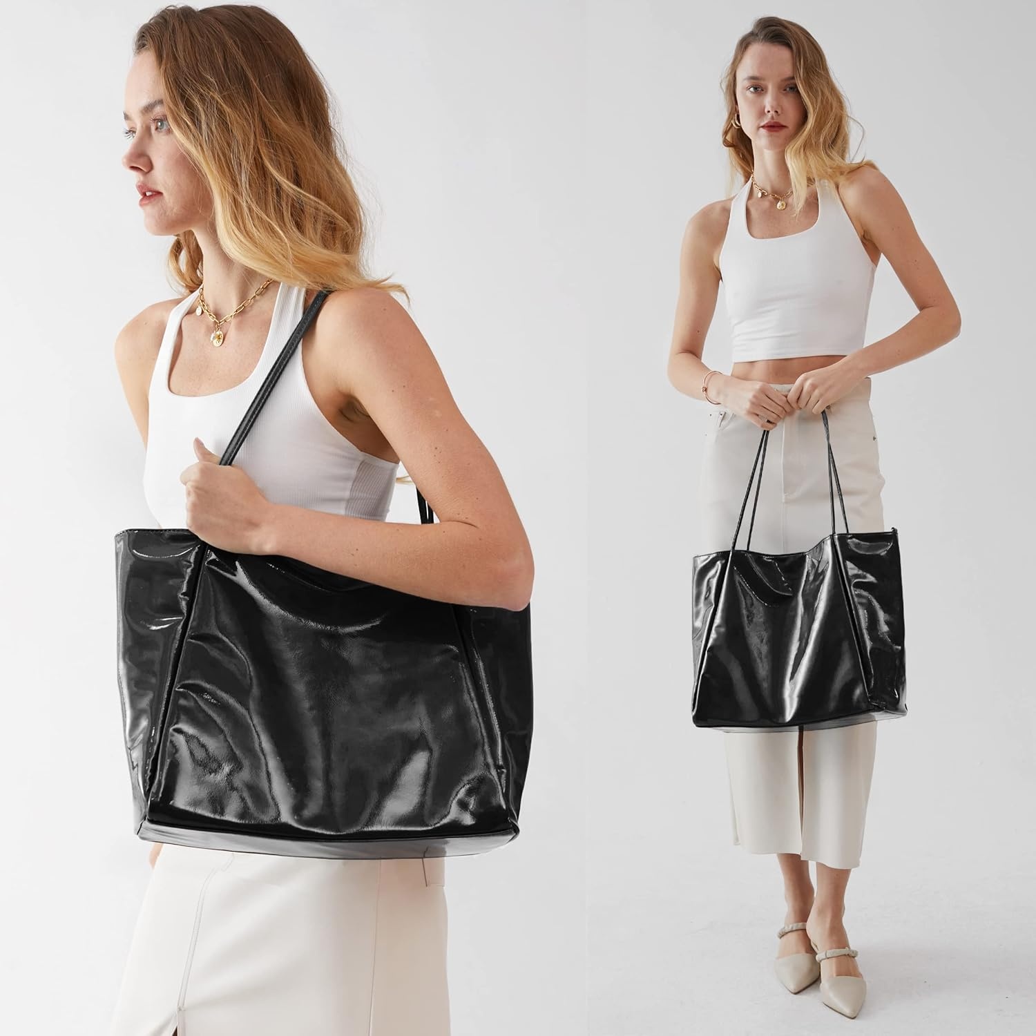 image:imageHOXIS Shiny Patent Faux Leather Tote Glossy Shoulder Handbag for Women Convertible Purse Shiny Patent Glossy Shoulder ConvertibleBlack