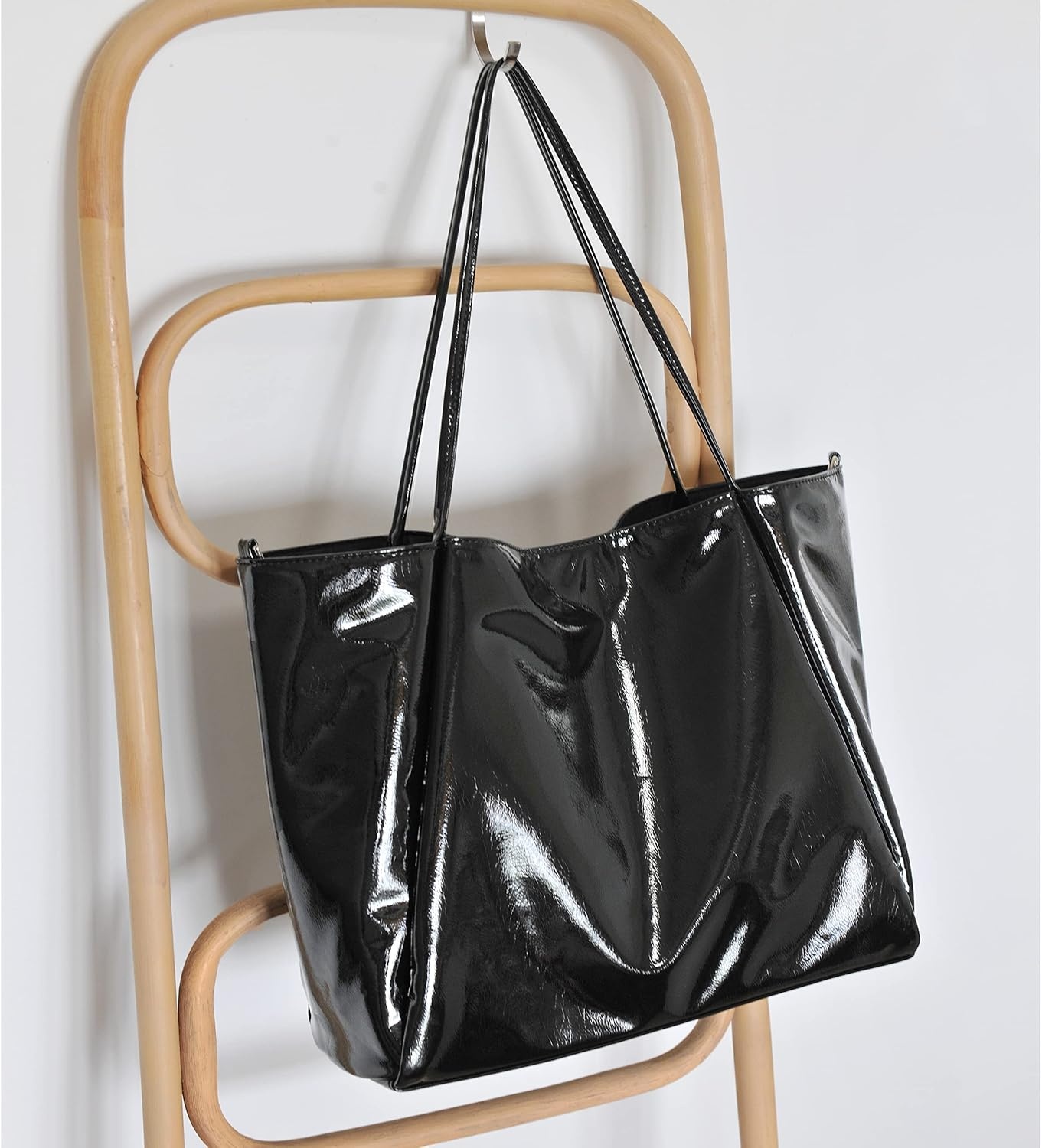 image:imageHOXIS Shiny Patent Faux Leather Tote Glossy Shoulder Handbag for Women Convertible Purse Shiny Patent Glossy Shoulder ConvertibleBlack