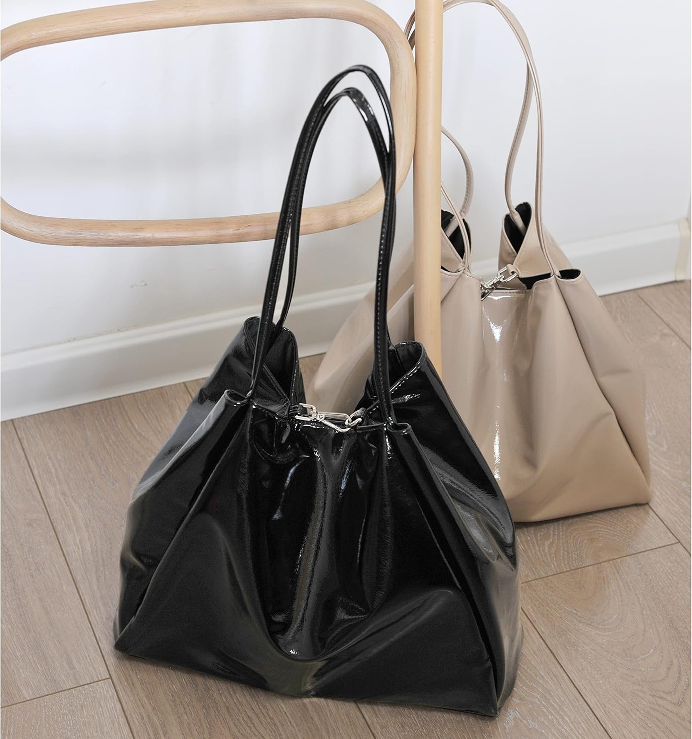image:imageHOXIS Shiny Patent Faux Leather Tote Glossy Shoulder Handbag for Women Convertible Purse Shiny Patent Glossy Shoulder ConvertibleBlack