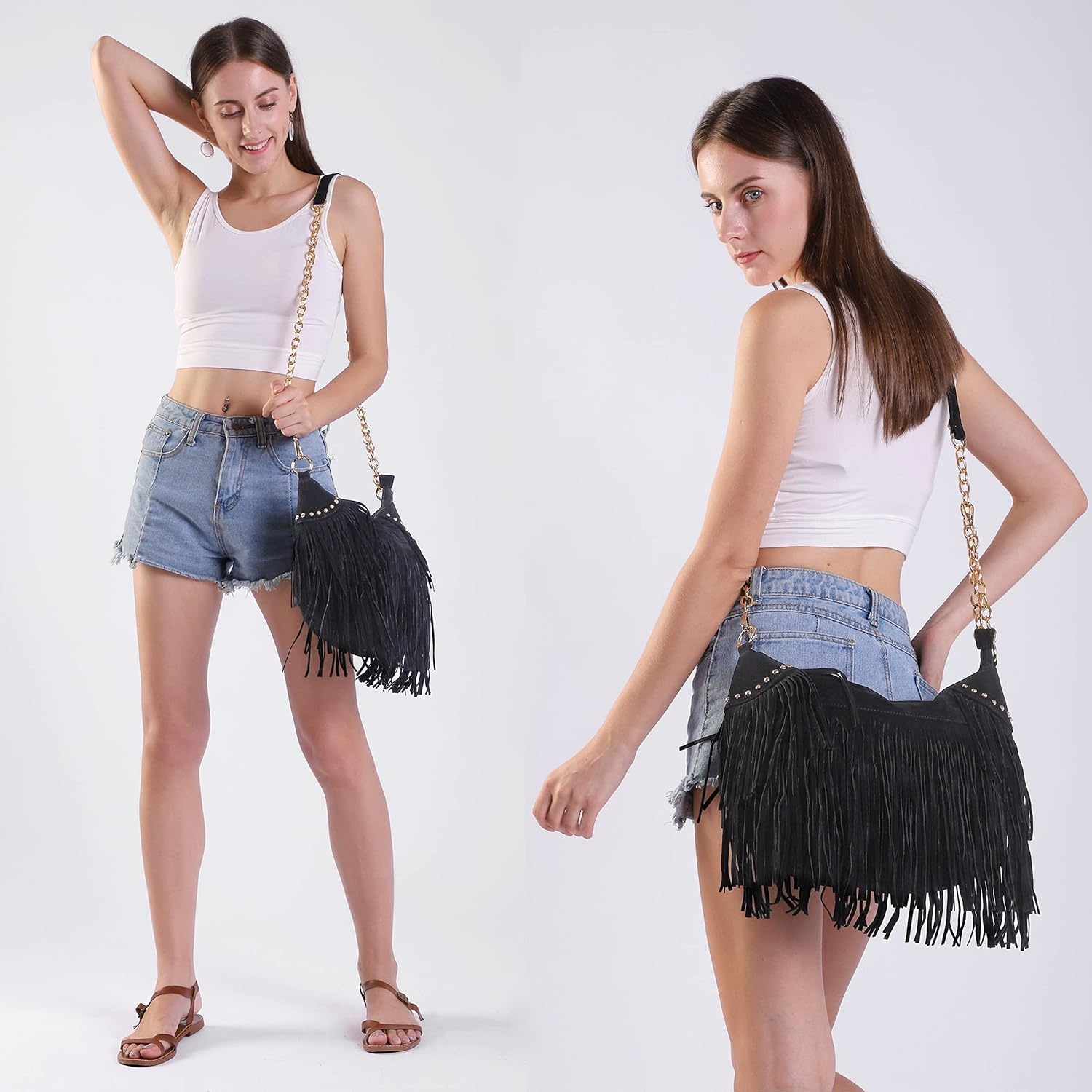 image:imageHOXIS Studded Tassel Faux Suede Leather Hobo Cross Body Chain Shoulder Bag Womens SatchelBrown