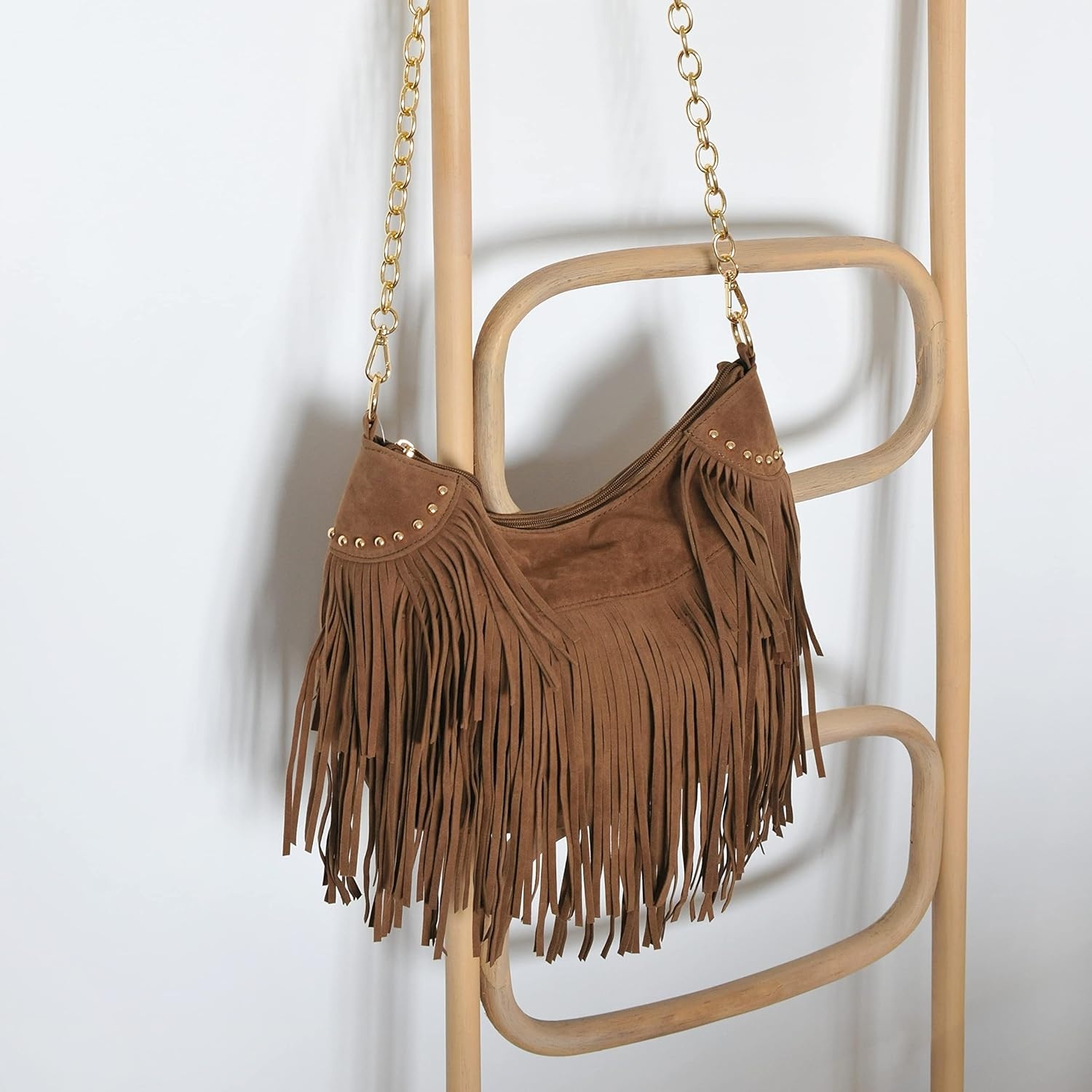 image:imageHOXIS Studded Tassel Faux Suede Leather Hobo Cross Body Chain Shoulder Bag Womens SatchelBrown