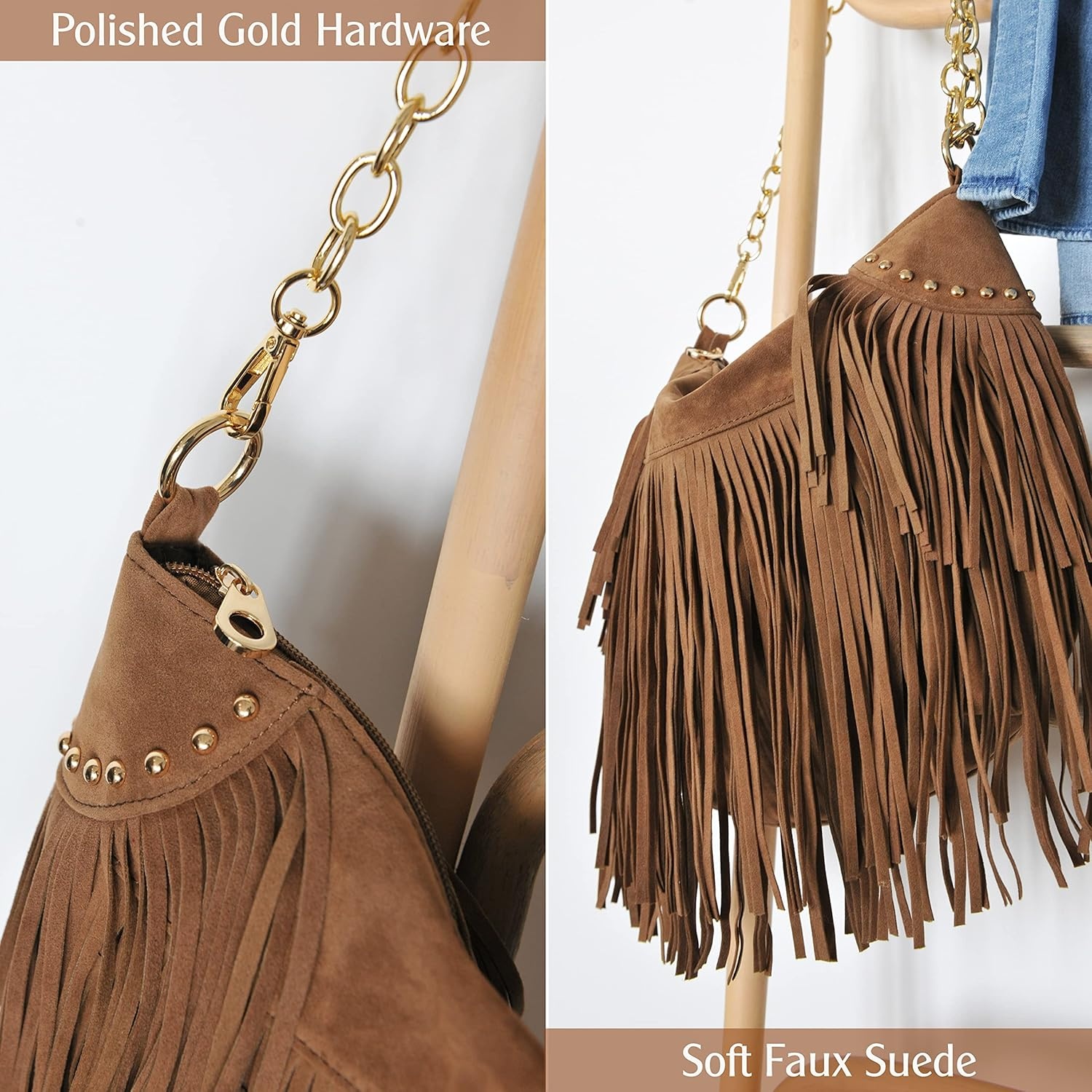 image:imageHOXIS Studded Tassel Faux Suede Leather Hobo Cross Body Chain Shoulder Bag Womens SatchelBrown