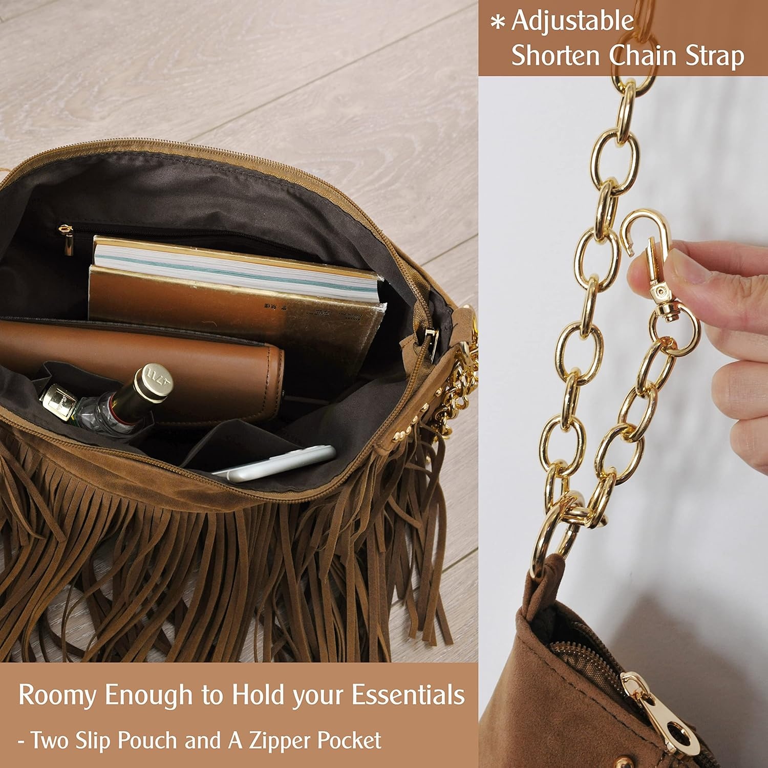 image:imageHOXIS Studded Tassel Faux Suede Leather Hobo Cross Body Chain Shoulder Bag Womens SatchelNew Black