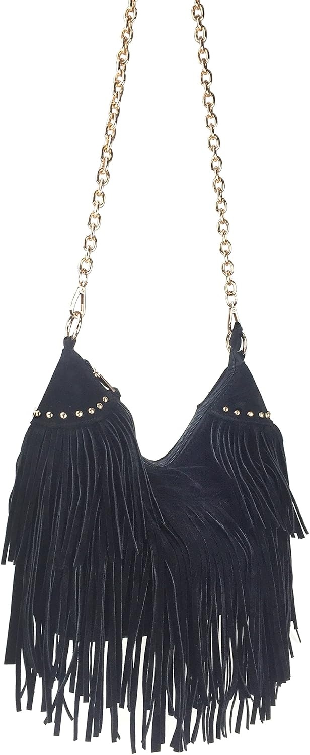 image:imageHOXIS Studded Tassel Faux Suede Leather Hobo Cross Body Chain Shoulder Bag Womens SatchelNew Black