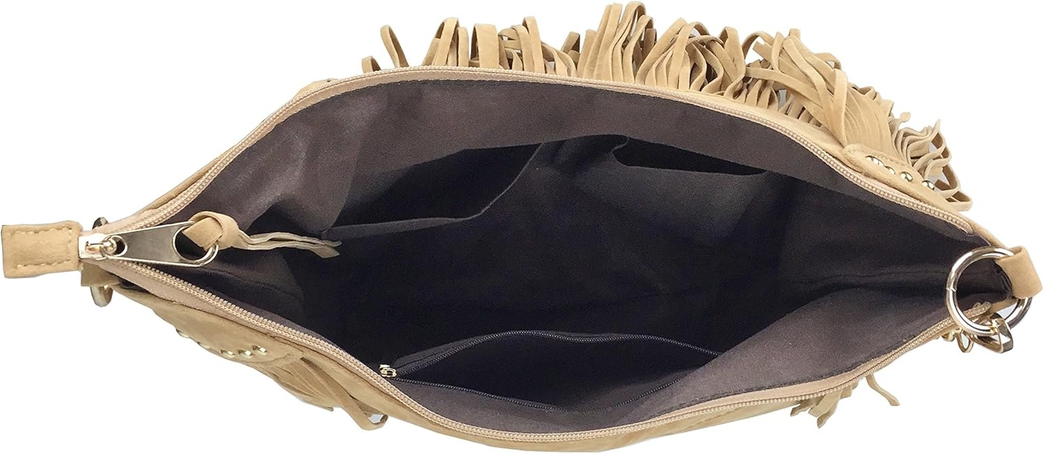 image:imageHOXIS Studded Tassel Faux Suede Leather Hobo Cross Body Chain Shoulder Bag Womens SatchelNew Khaki