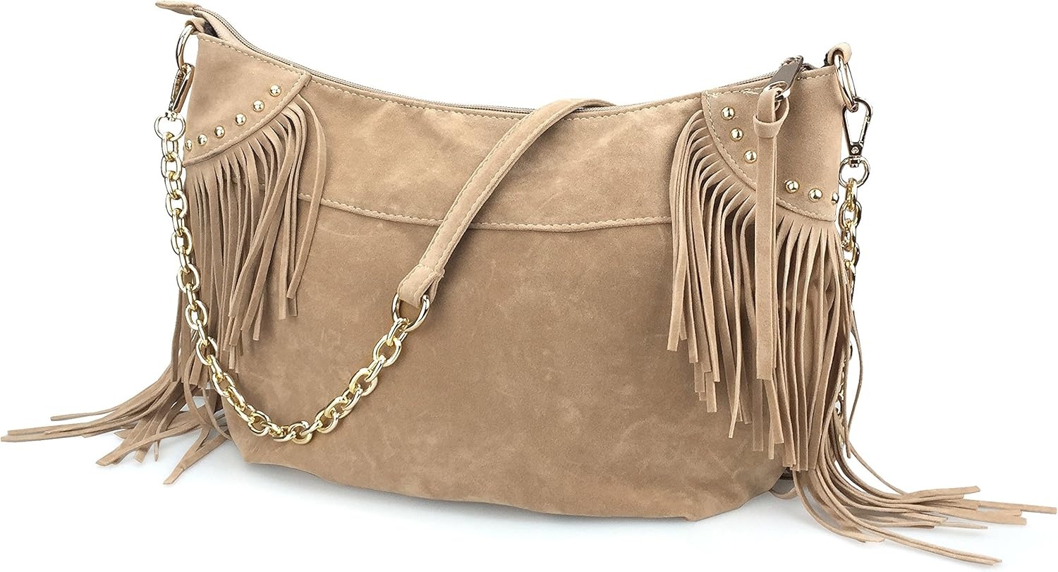 image:imageHOXIS Studded Tassel Faux Suede Leather Hobo Cross Body Chain Shoulder Bag Womens SatchelNew Khaki