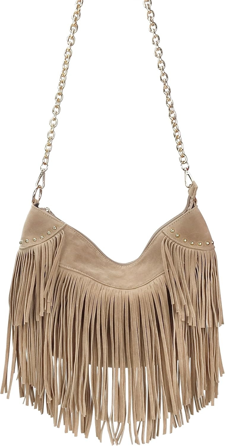image:imageHOXIS Studded Tassel Faux Suede Leather Hobo Cross Body Chain Shoulder Bag Womens SatchelNew Khaki