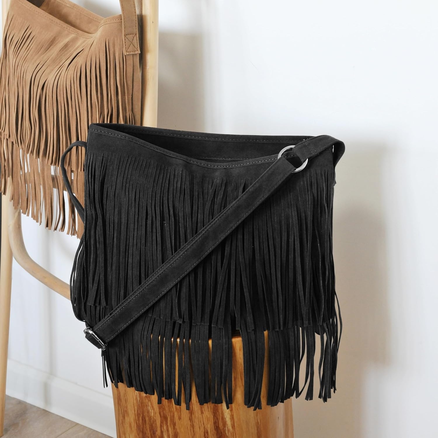 image:imageHOXIS Tassel Faux Suede Leather Hobo Cross Body Shoulder Bag Womens Sling BagBlack