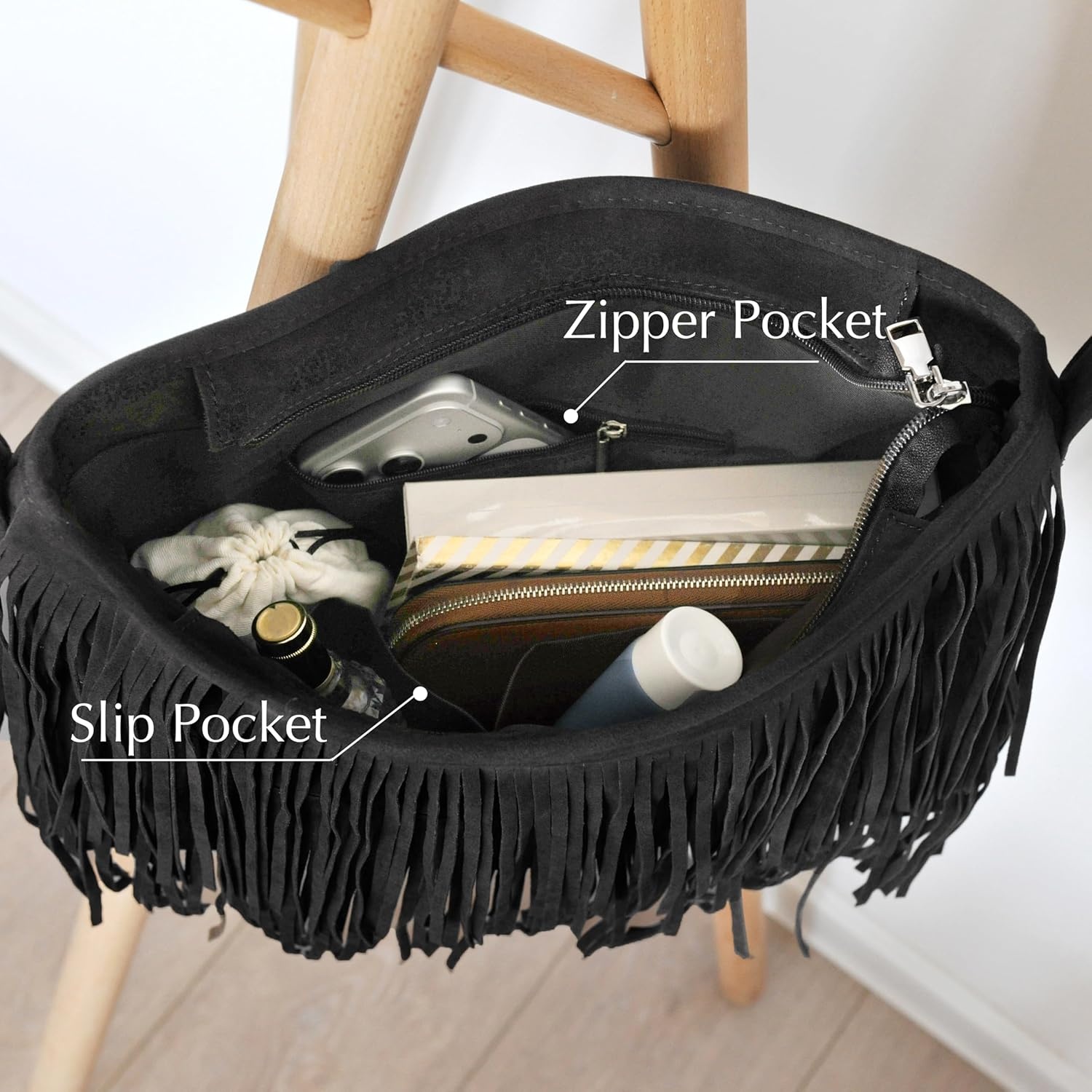 image:imageHOXIS Tassel Faux Suede Leather Hobo Cross Body Shoulder Bag Womens Sling BagBlack