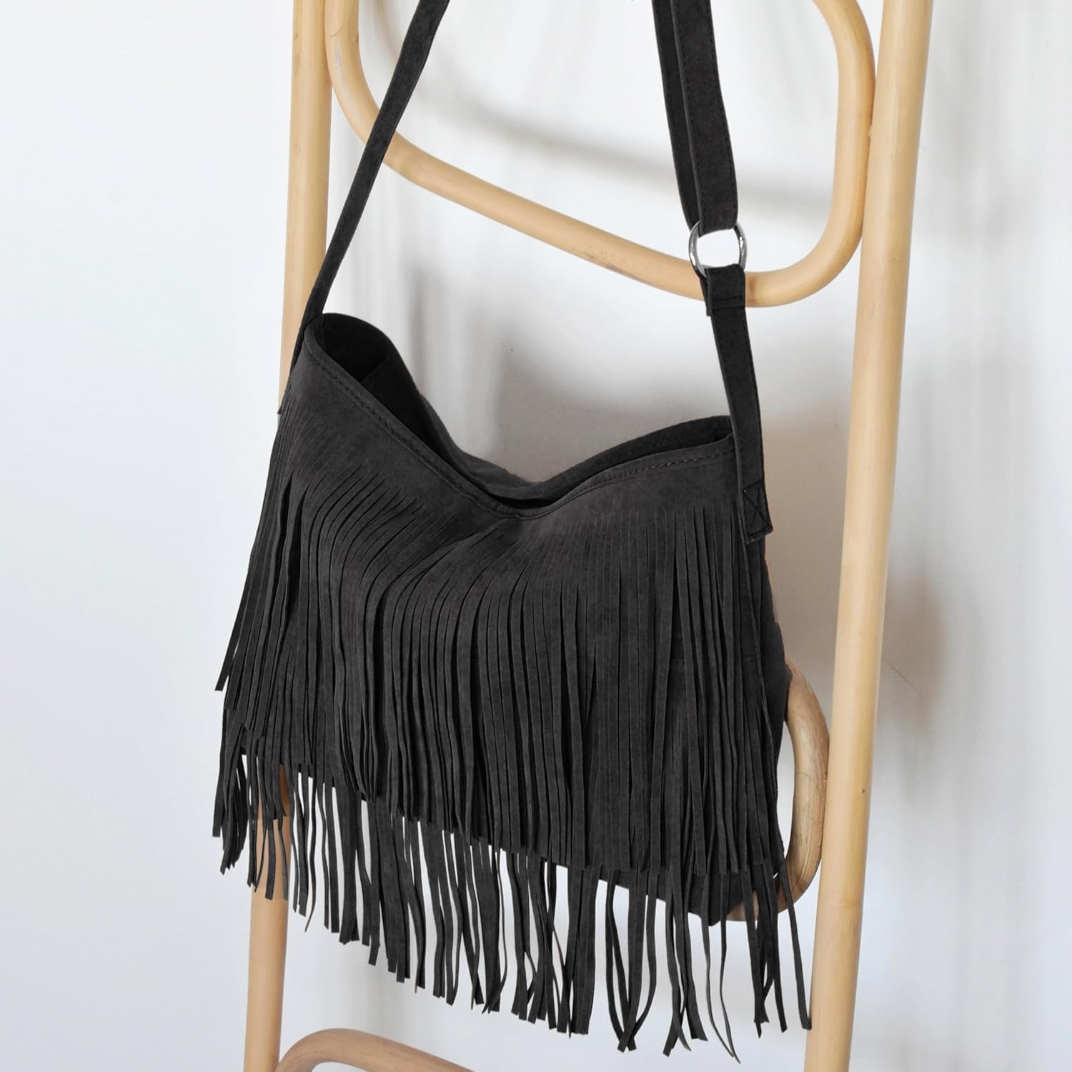 image:imageHOXIS Tassel Faux Suede Leather Hobo Cross Body Shoulder Bag Womens Sling BagBlack