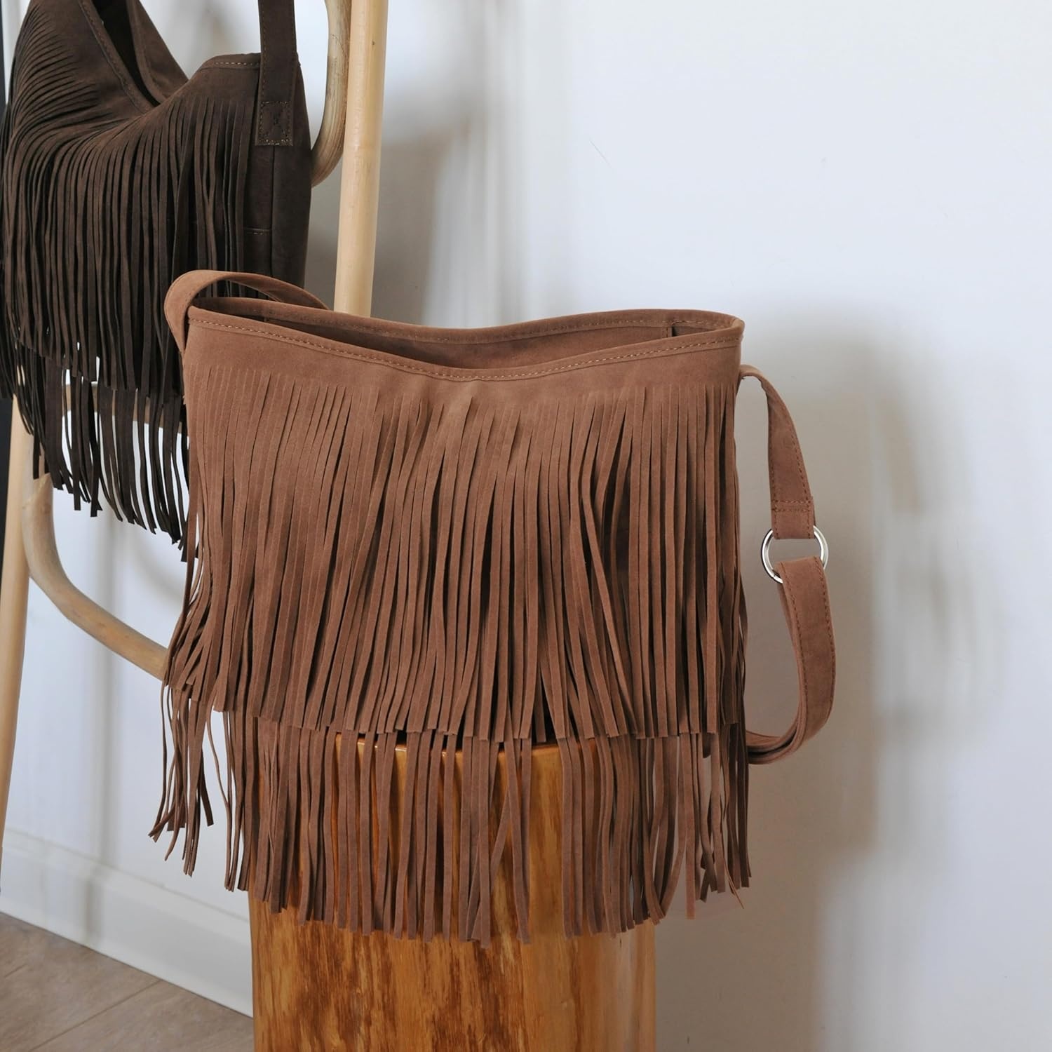 image:imageHOXIS Tassel Faux Suede Leather Hobo Cross Body Shoulder Bag Womens Sling BagBrown