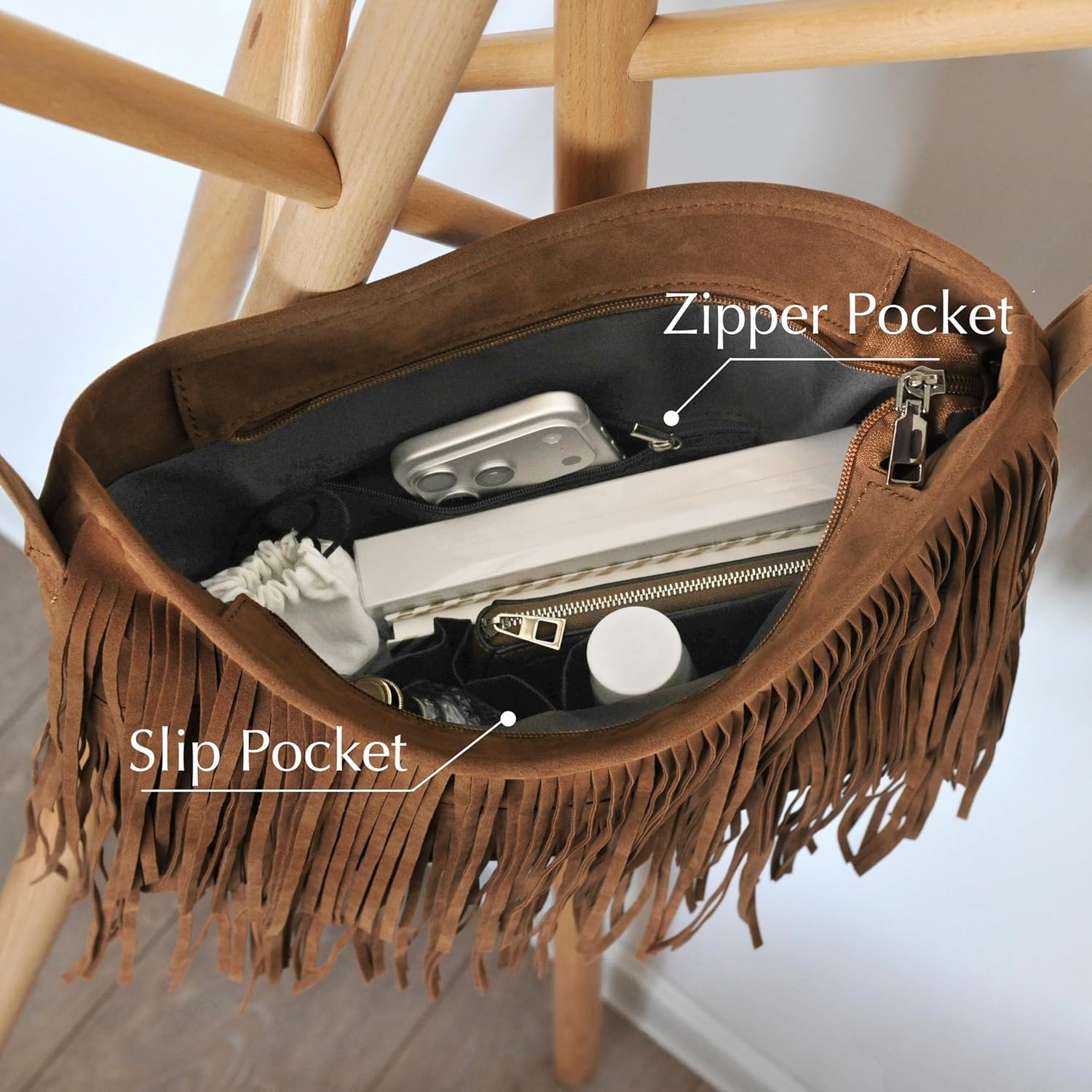 image:imageHOXIS Tassel Faux Suede Leather Hobo Cross Body Shoulder Bag Womens Sling BagBrown