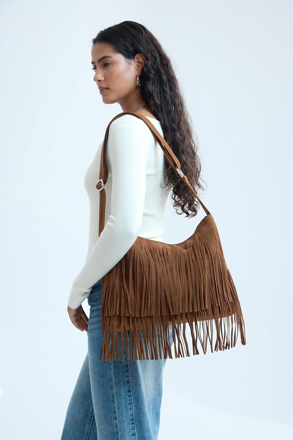 image:imageHOXIS Tassel Faux Suede Leather Hobo Cross Body Shoulder Bag Womens Sling BagBrown