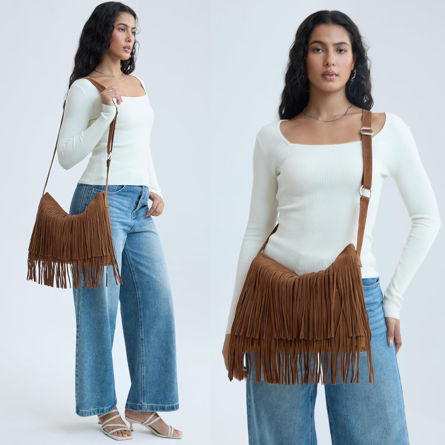 image:imageHOXIS Tassel Faux Suede Leather Hobo Cross Body Shoulder Bag Womens Sling BagBrown