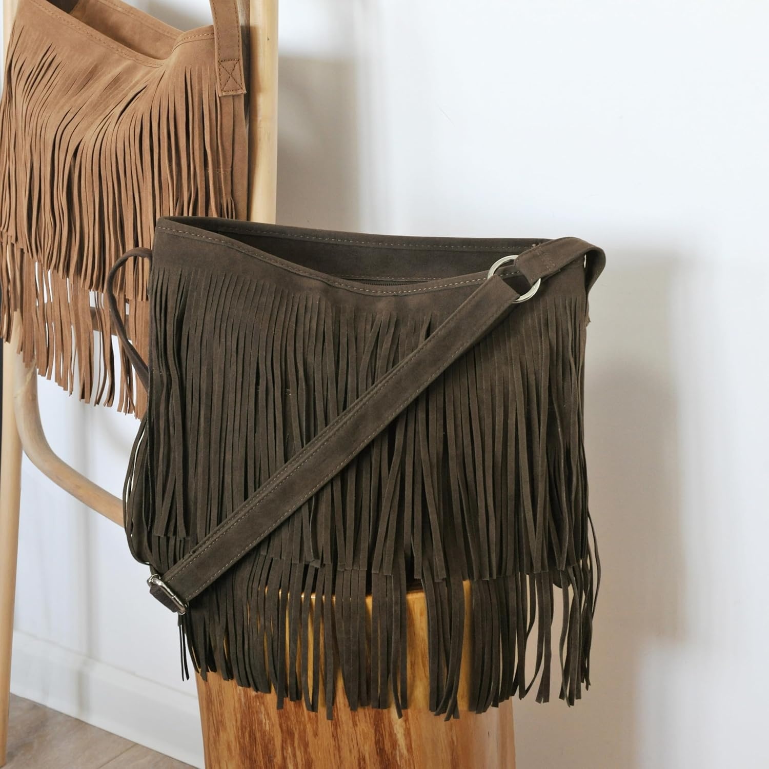 image:imageHOXIS Tassel Faux Suede Leather Hobo Cross Body Shoulder Bag Womens Sling BagCoffee