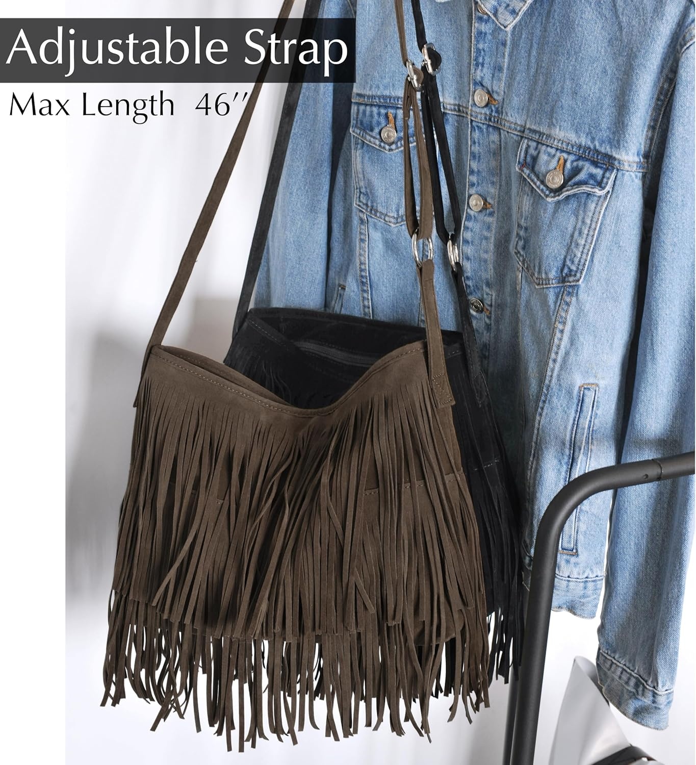 image:imageHOXIS Tassel Faux Suede Leather Hobo Cross Body Shoulder Bag Womens Sling BagCoffee