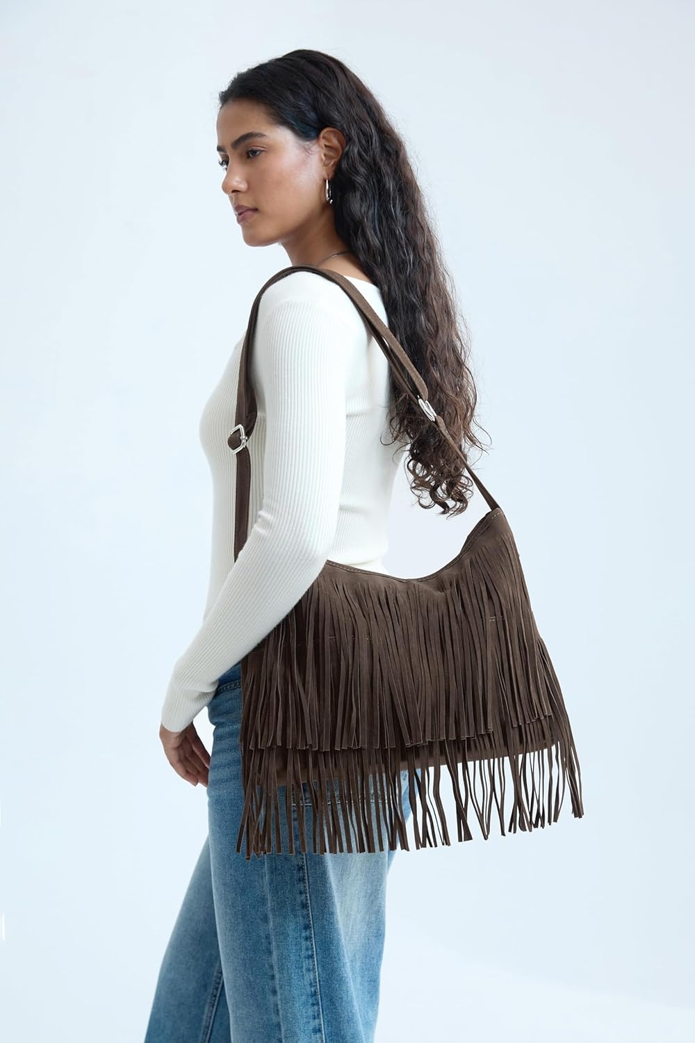 image:imageHOXIS Tassel Faux Suede Leather Hobo Cross Body Shoulder Bag Womens Sling BagCoffee