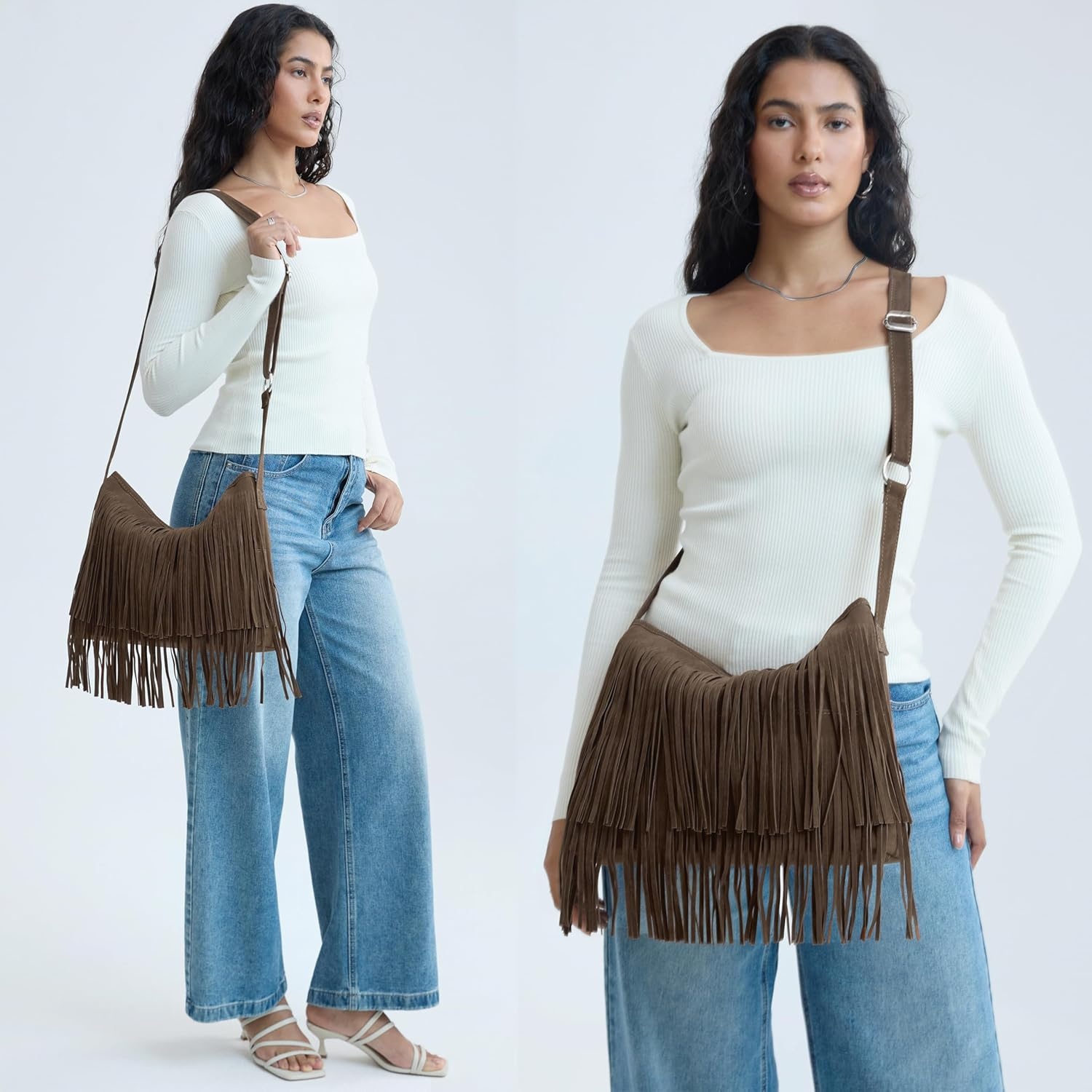 image:imageHOXIS Tassel Faux Suede Leather Hobo Cross Body Shoulder Bag Womens Sling BagCoffee