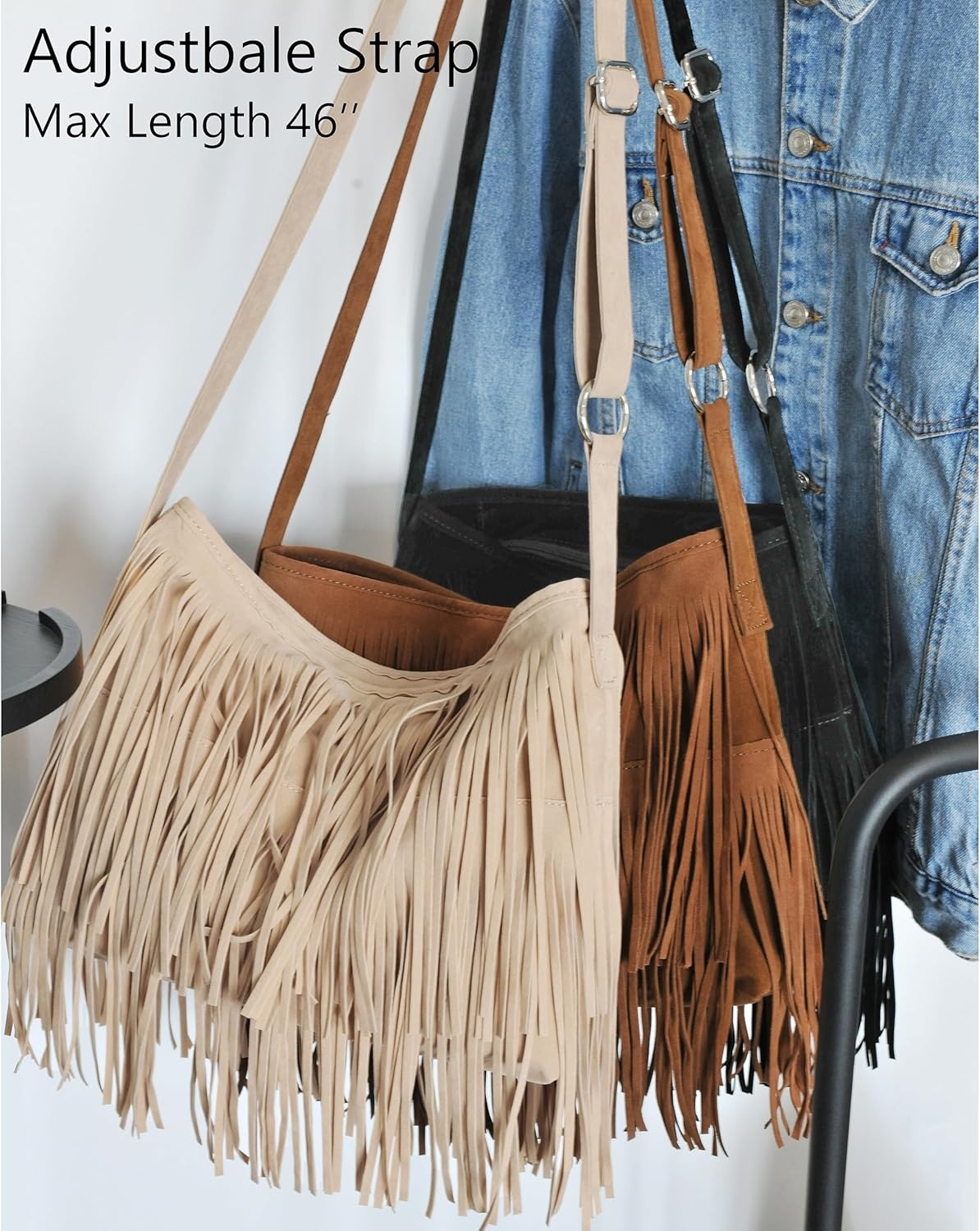 image:imageHOXIS Tassel Faux Suede Leather Hobo Cross Body Shoulder Bag Womens Sling BagNude