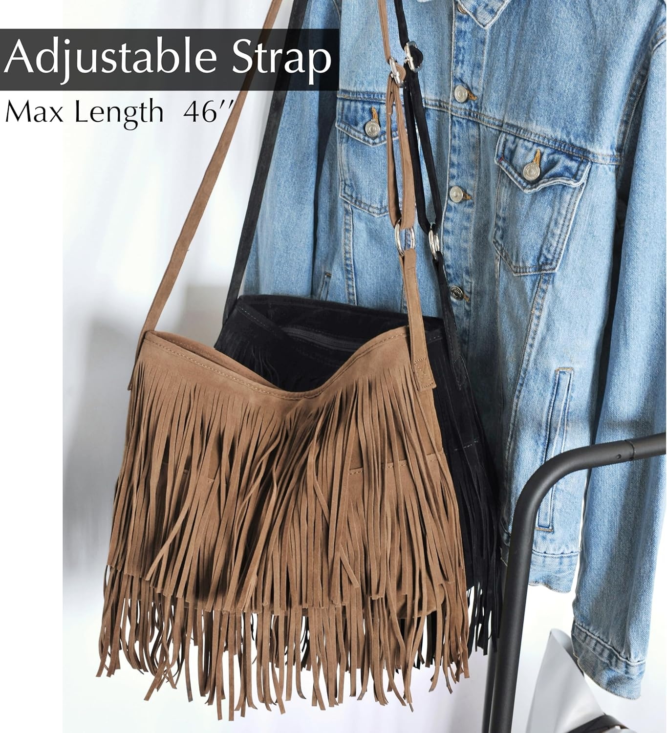 image:imageHOXIS Tassel Faux Suede Leather Hobo Cross Body Shoulder Bag Womens Sling BagTan
