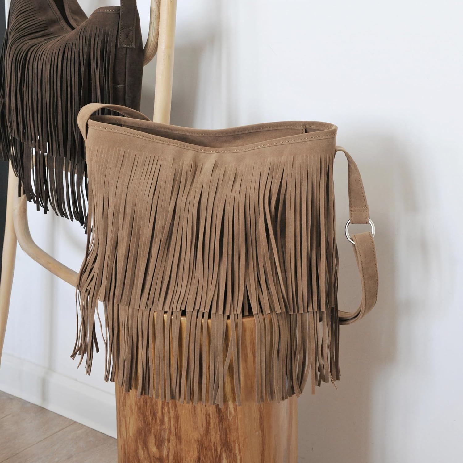 image:imageHOXIS Tassel Faux Suede Leather Hobo Cross Body Shoulder Bag Womens Sling BagTan
