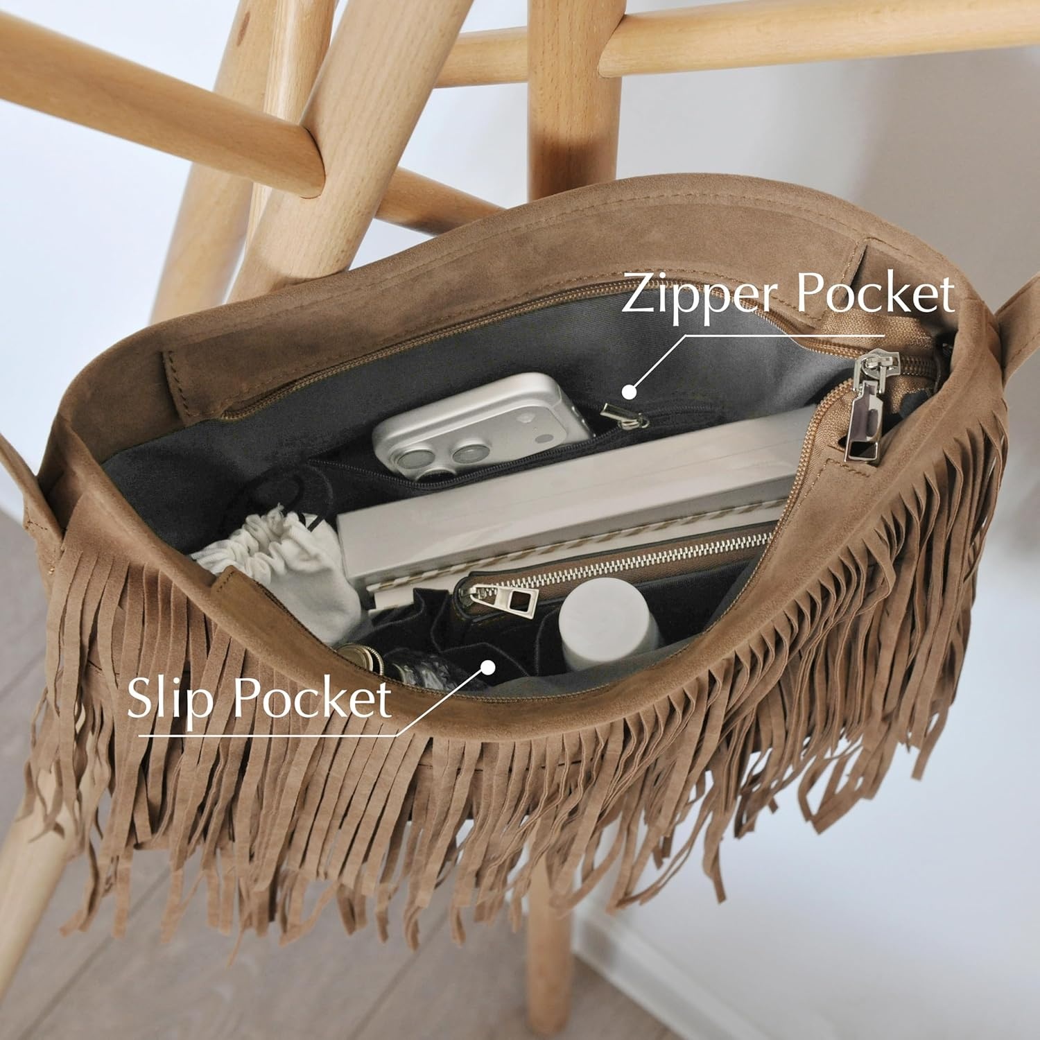 image:imageHOXIS Tassel Faux Suede Leather Hobo Cross Body Shoulder Bag Womens Sling BagTan