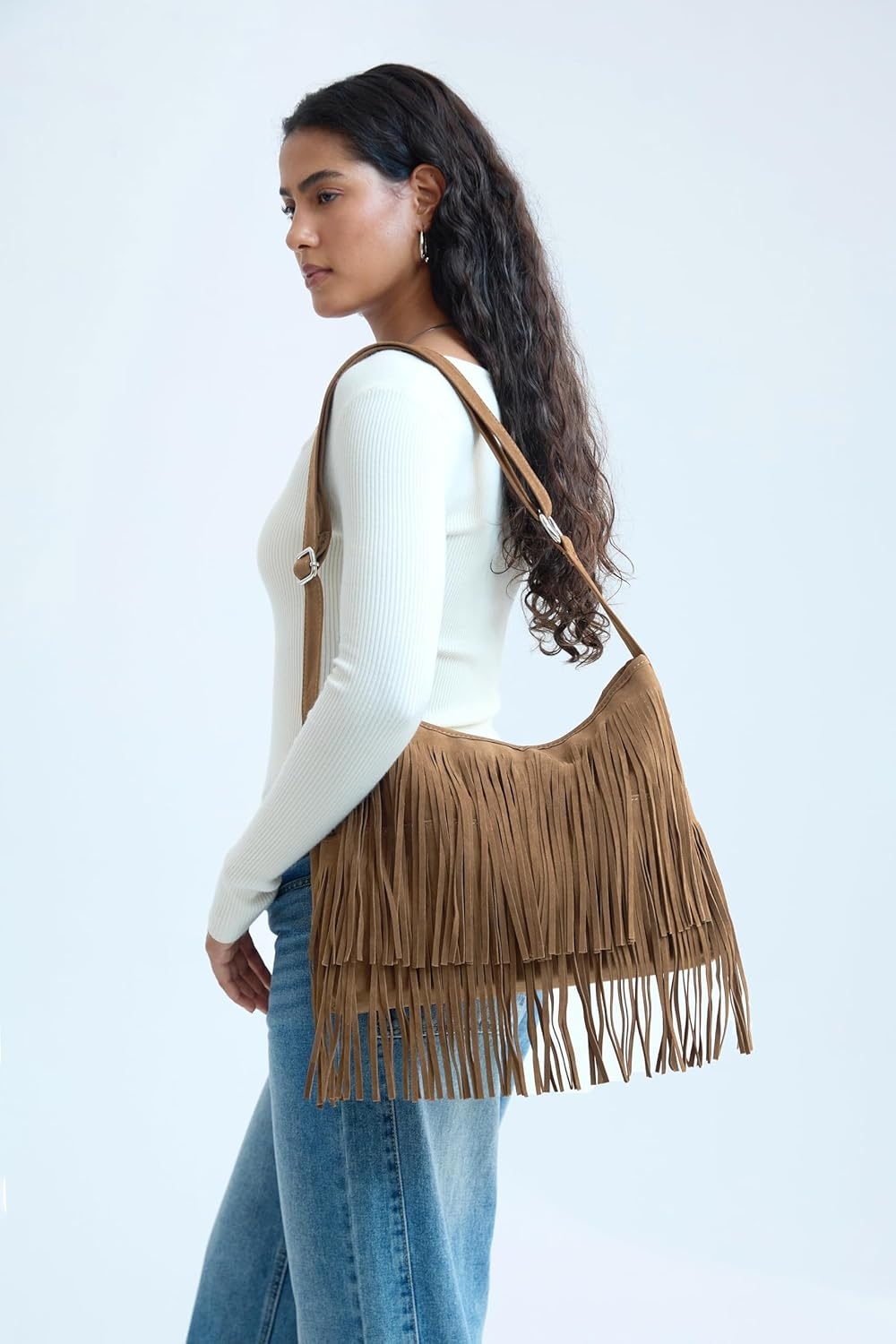 image:imageHOXIS Tassel Faux Suede Leather Hobo Cross Body Shoulder Bag Womens Sling BagTan