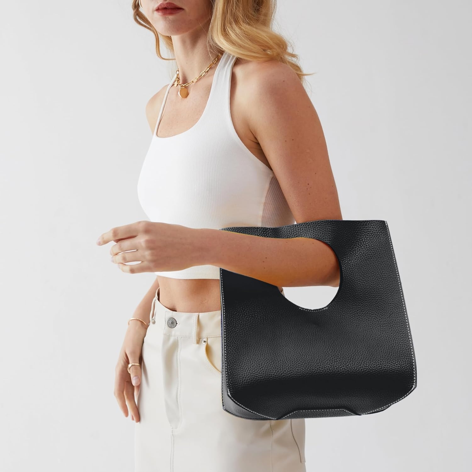 image:imageHOXIS Vintage Minimalist Style Soft Pu Leather Handbag Clutch Small ToteBlack