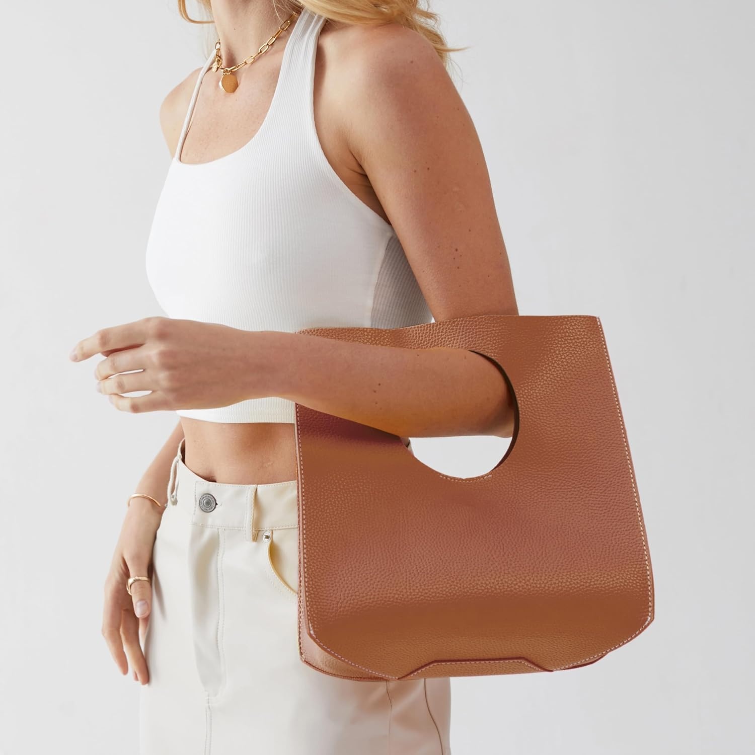 image:imageHOXIS Vintage Minimalist Style Soft Pu Leather Handbag Clutch Small ToteBrown