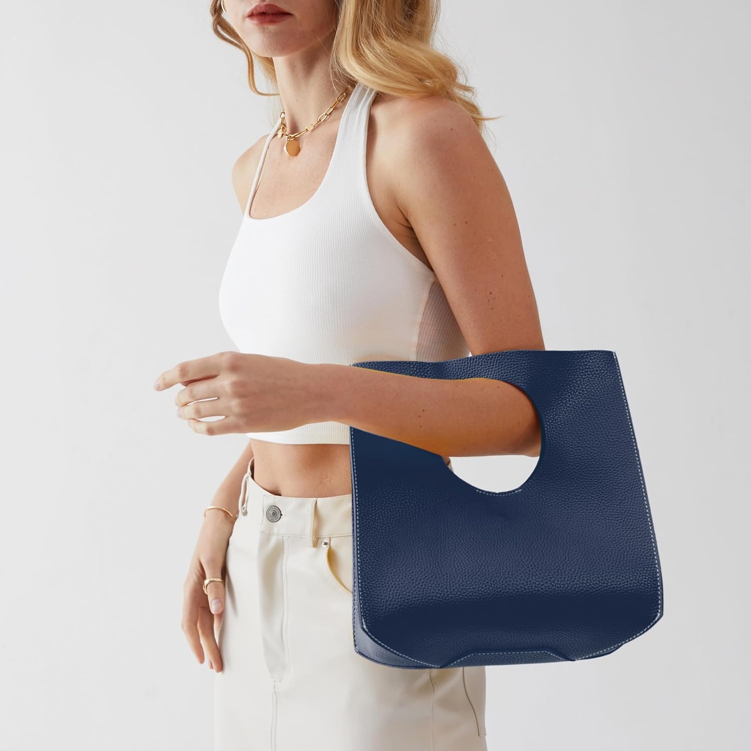 image:imageHOXIS Vintage Minimalist Style Soft Pu Leather Handbag Clutch Small ToteDark Blue