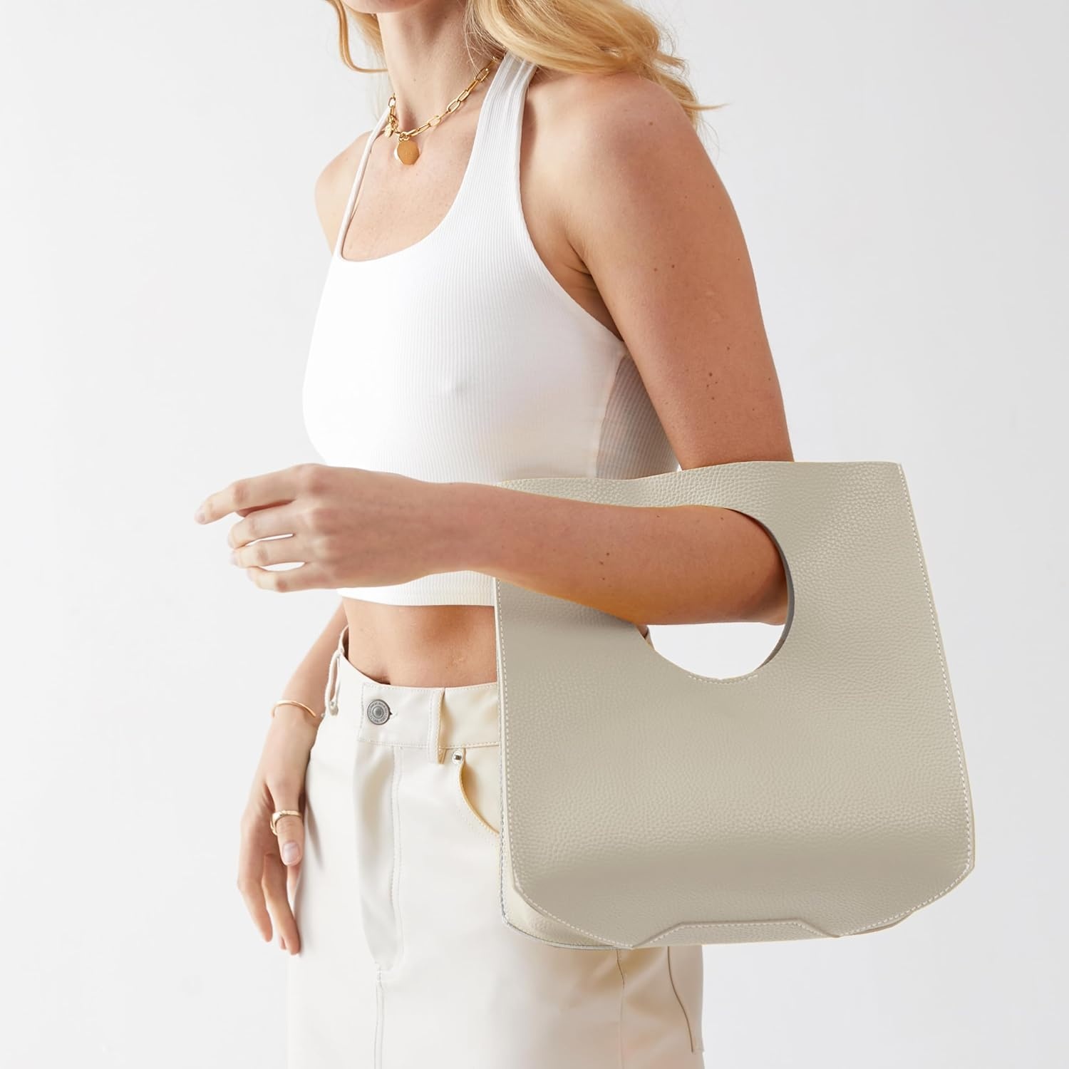image:imageHOXIS Vintage Minimalist Style Soft Pu Leather Handbag Clutch Small ToteLight Grey