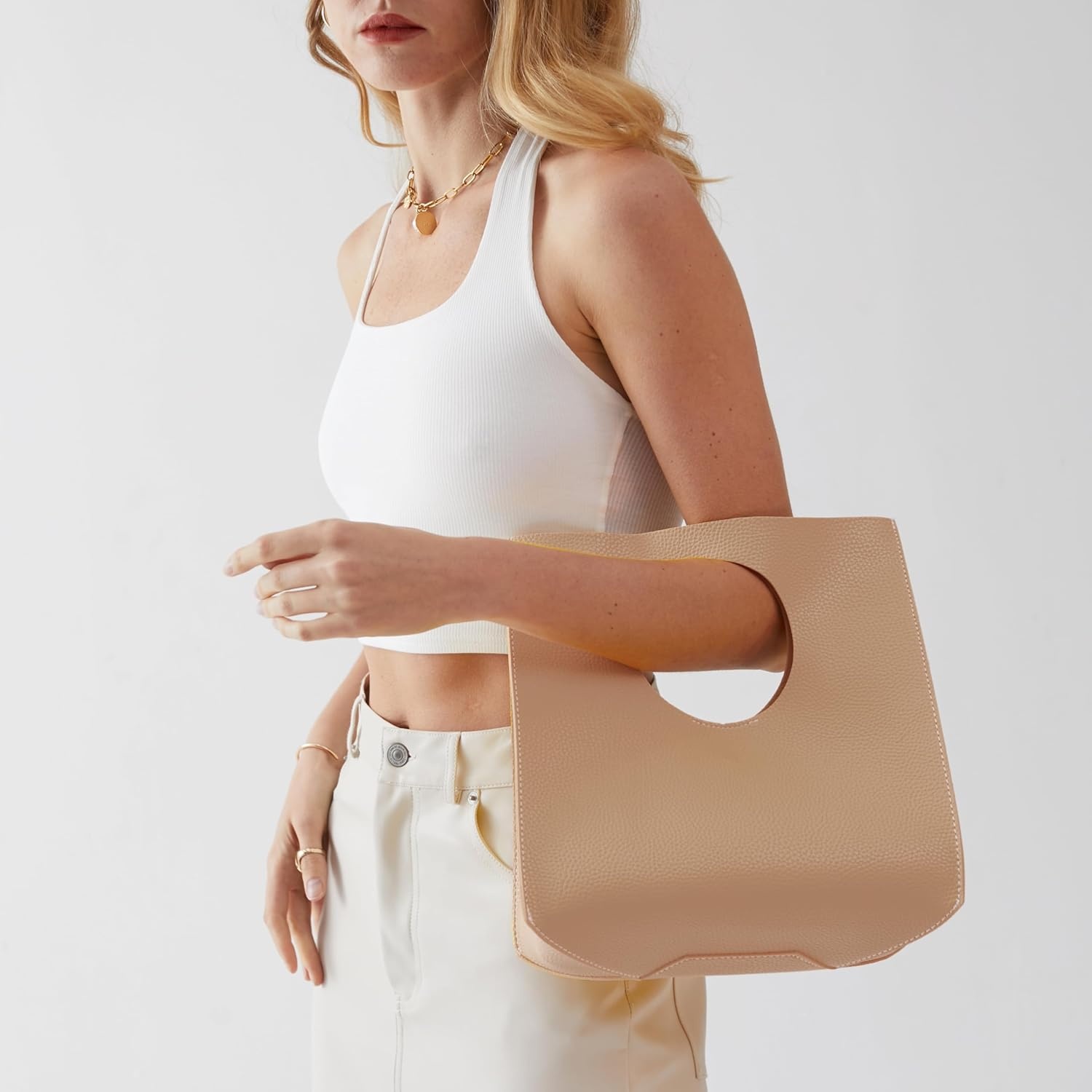 image:imageHOXIS Vintage Minimalist Style Soft Pu Leather Handbag Clutch Small ToteNude
