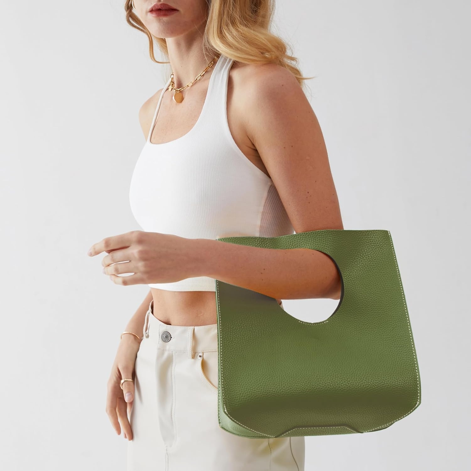 image:imageHOXIS Vintage Minimalist Style Soft Pu Leather Handbag Clutch Small ToteOlive