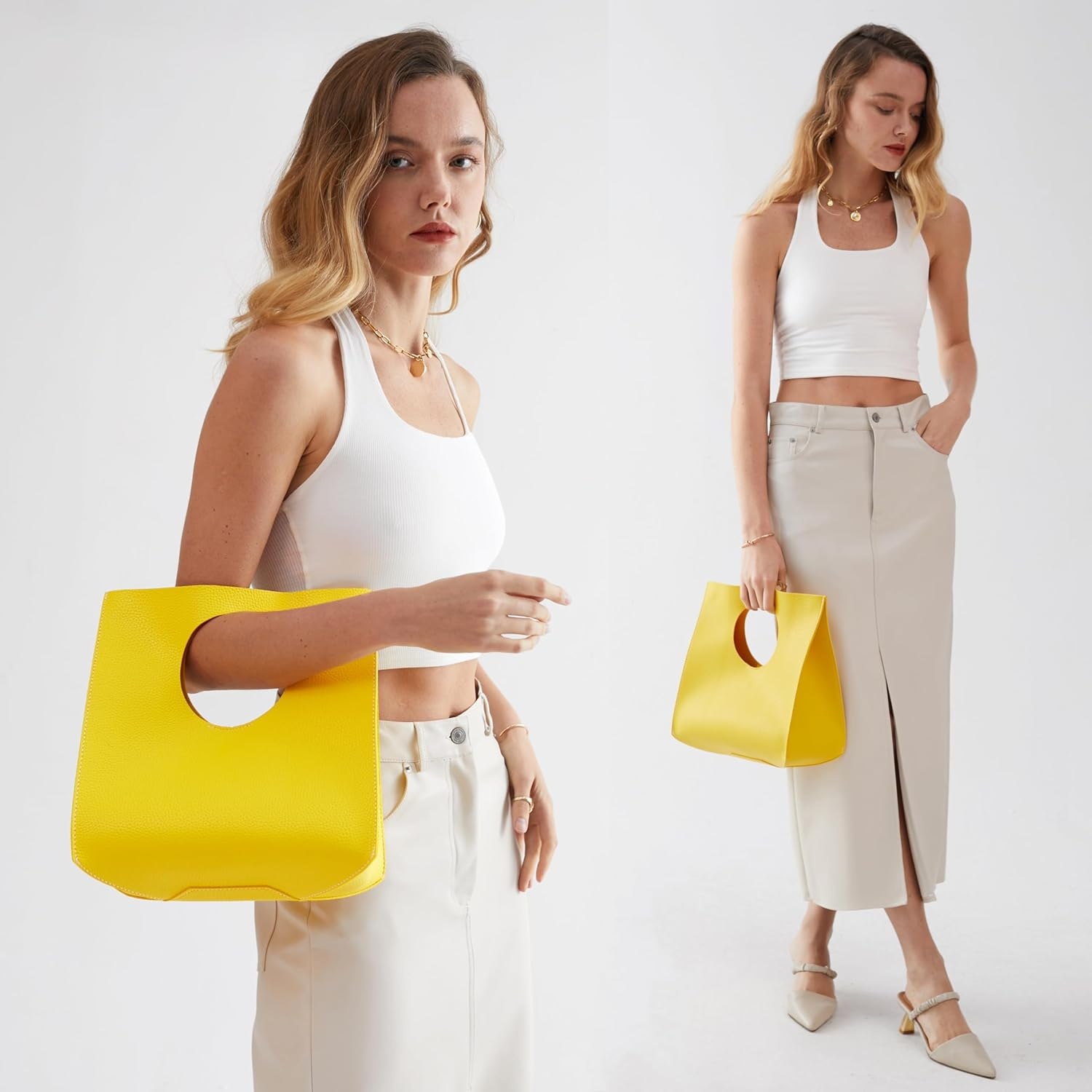 image:imageHOXIS Vintage Minimalist Style Soft Pu Leather Handbag Clutch Small ToteYellow