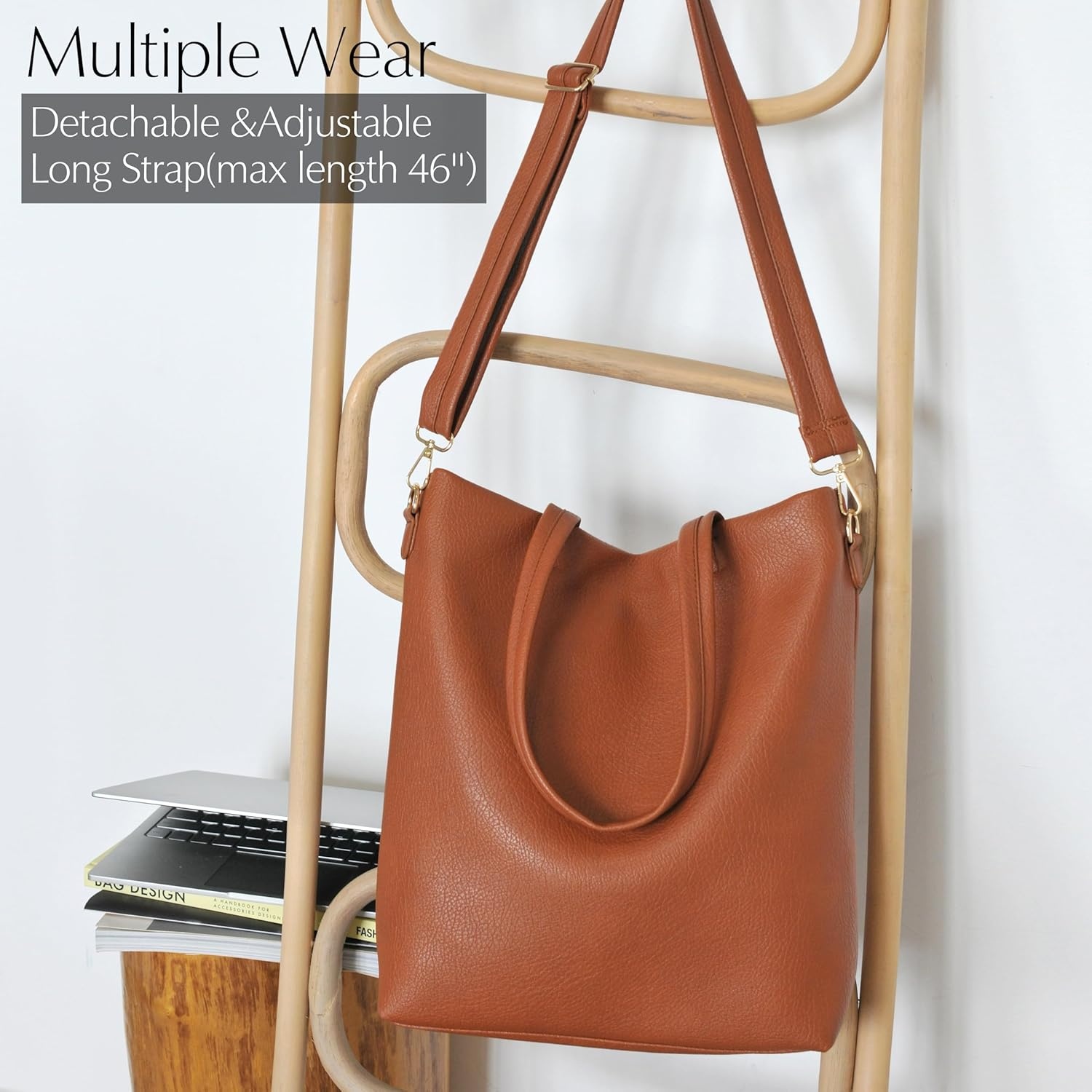image:imageHOXIS Womens Vertical Tote Bag with Removable Shoulder Strap Vegan Leather Shoulder Handbag Satchel Bag Vertical Removable Shoulder StrapOrangebrown