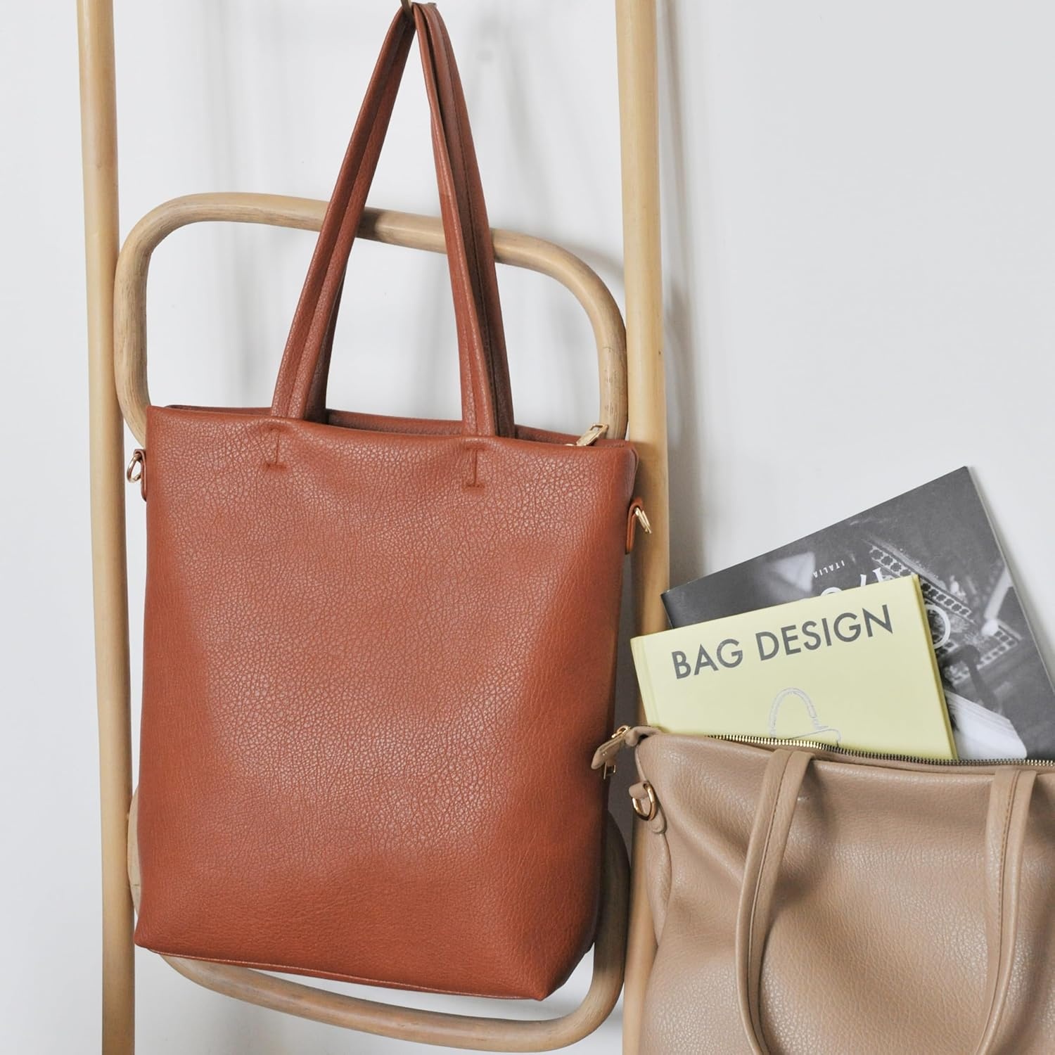 image:imageHOXIS Womens Vertical Tote Bag with Removable Shoulder Strap Vegan Leather Shoulder Handbag Satchel Bag Vertical Removable Shoulder StrapOrangebrown