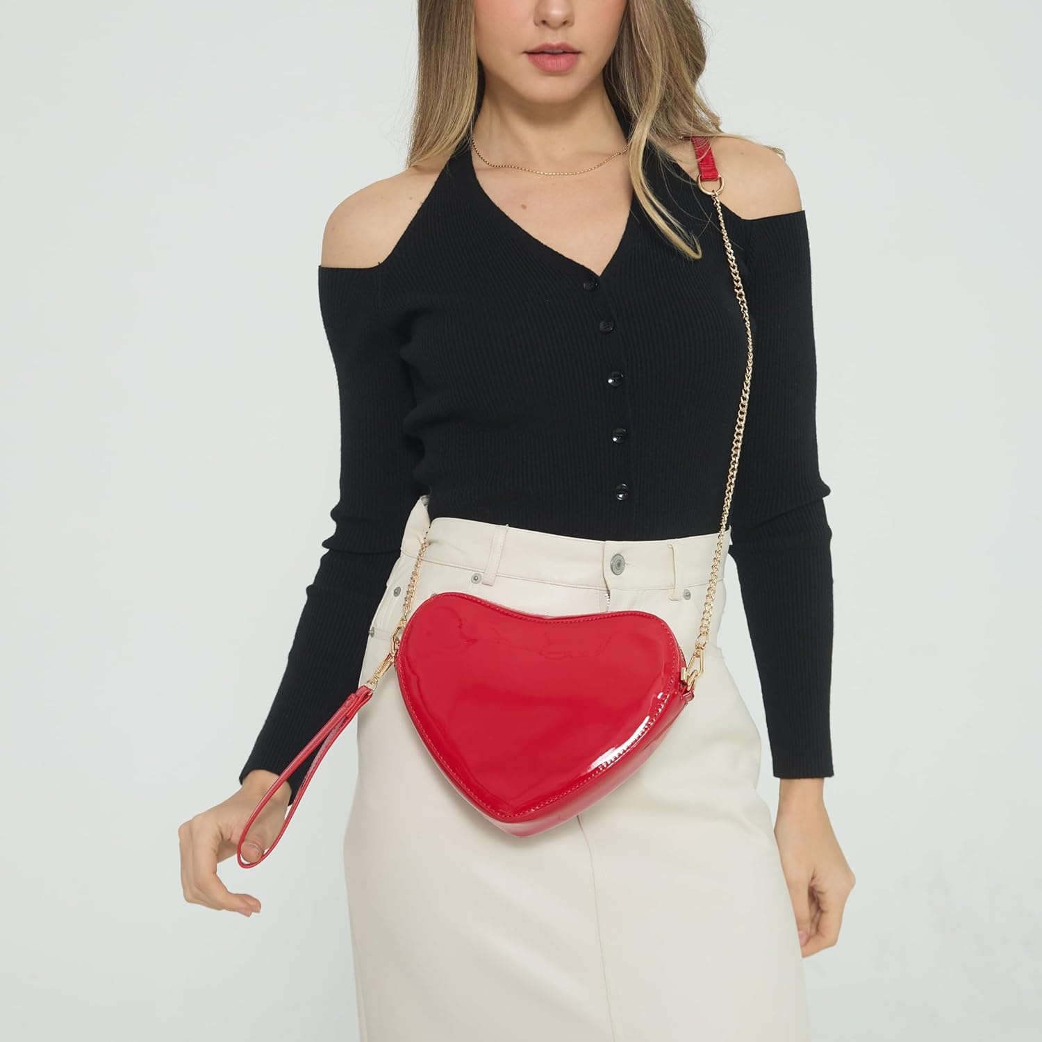 image:imageHeart Women Shoulder Bag Glossy Vegan Leather Chain Cross Body Bag Cosplay PurseRed