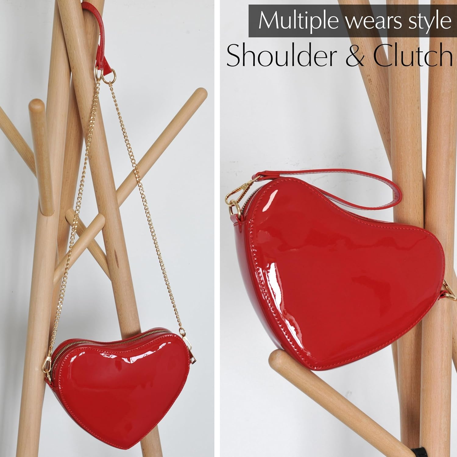 image:imageHeart Women Shoulder Bag Glossy Vegan Leather Chain Cross Body Bag Cosplay PurseRed