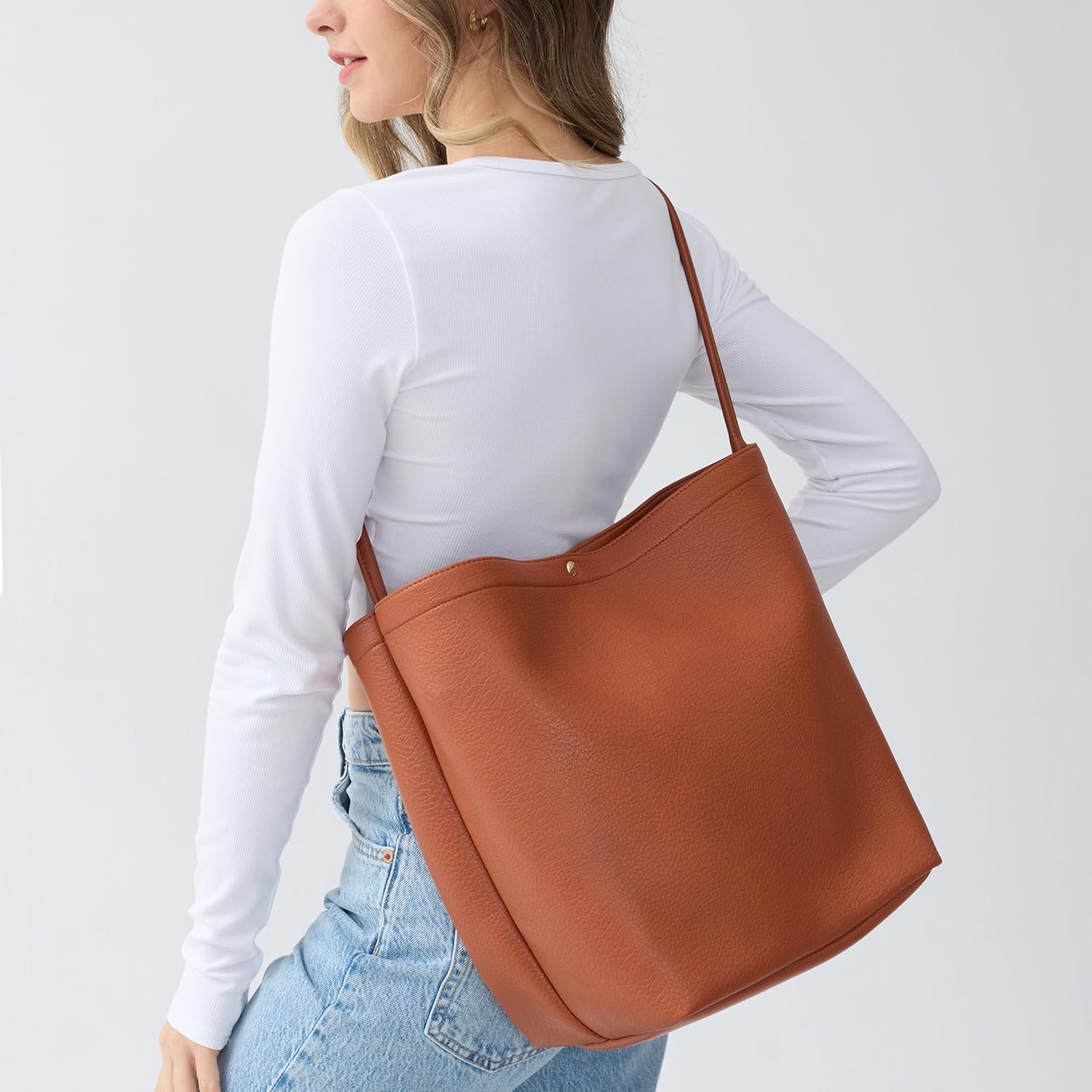 image:imageHobo Bags for Women Vegan Leather Bucket Bags Minimalist Shoulder HandbagBrown