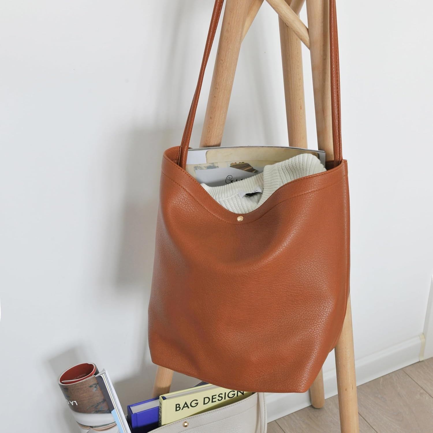 image:imageHobo Bags for Women Vegan Leather Bucket Bags Minimalist Shoulder HandbagBrown