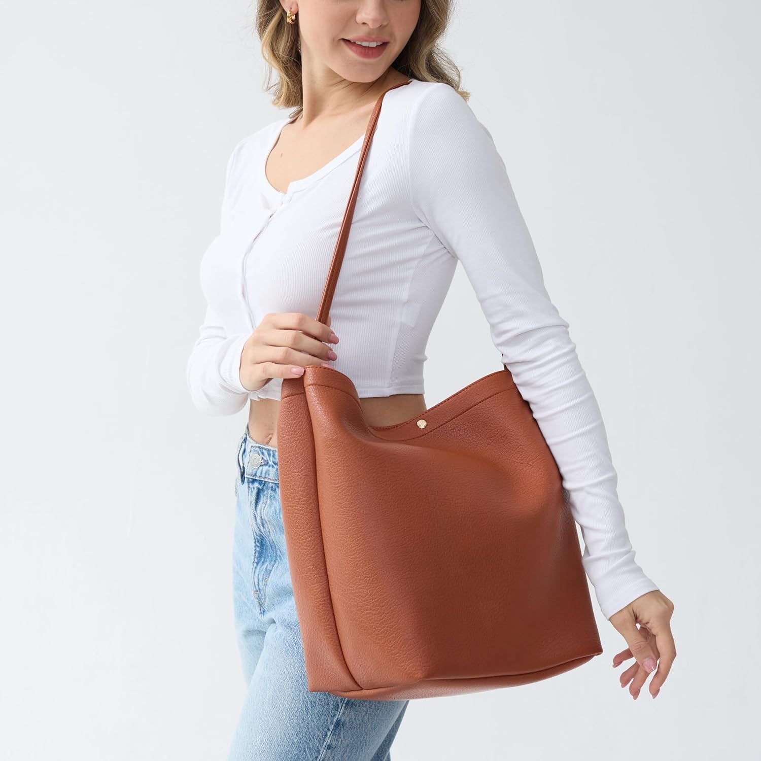 image:imageHobo Bags for Women Vegan Leather Bucket Bags Minimalist Shoulder HandbagBrown