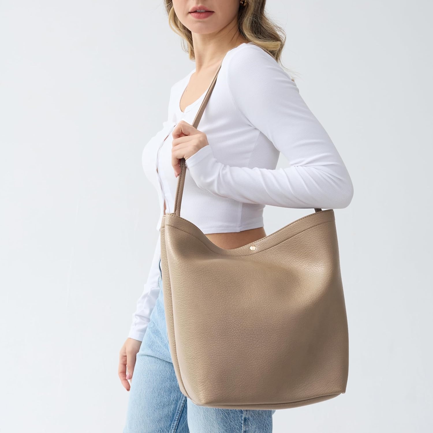 image:imageHobo Bags for Women Vegan Leather Bucket Bags Minimalist Shoulder HandbagNude