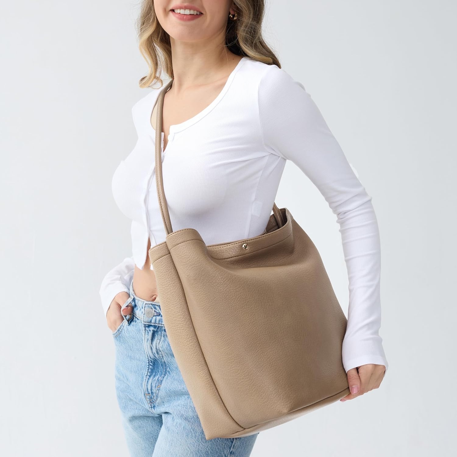 image:imageHobo Bags for Women Vegan Leather Bucket Bags Minimalist Shoulder HandbagNude